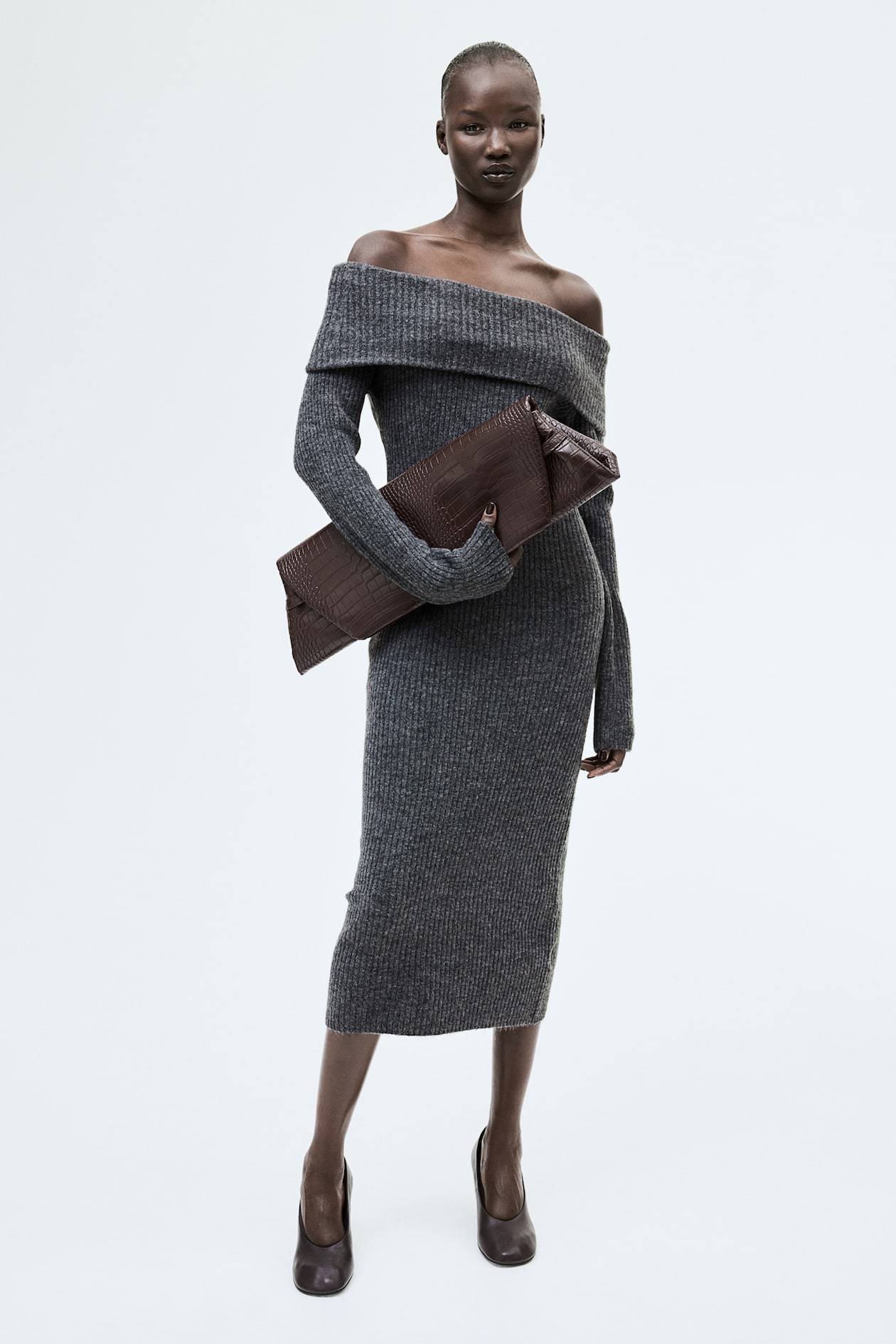 Rib-Knit Off-the-Shoulder Dress - Dark gray melange - Ladies | H&M US 