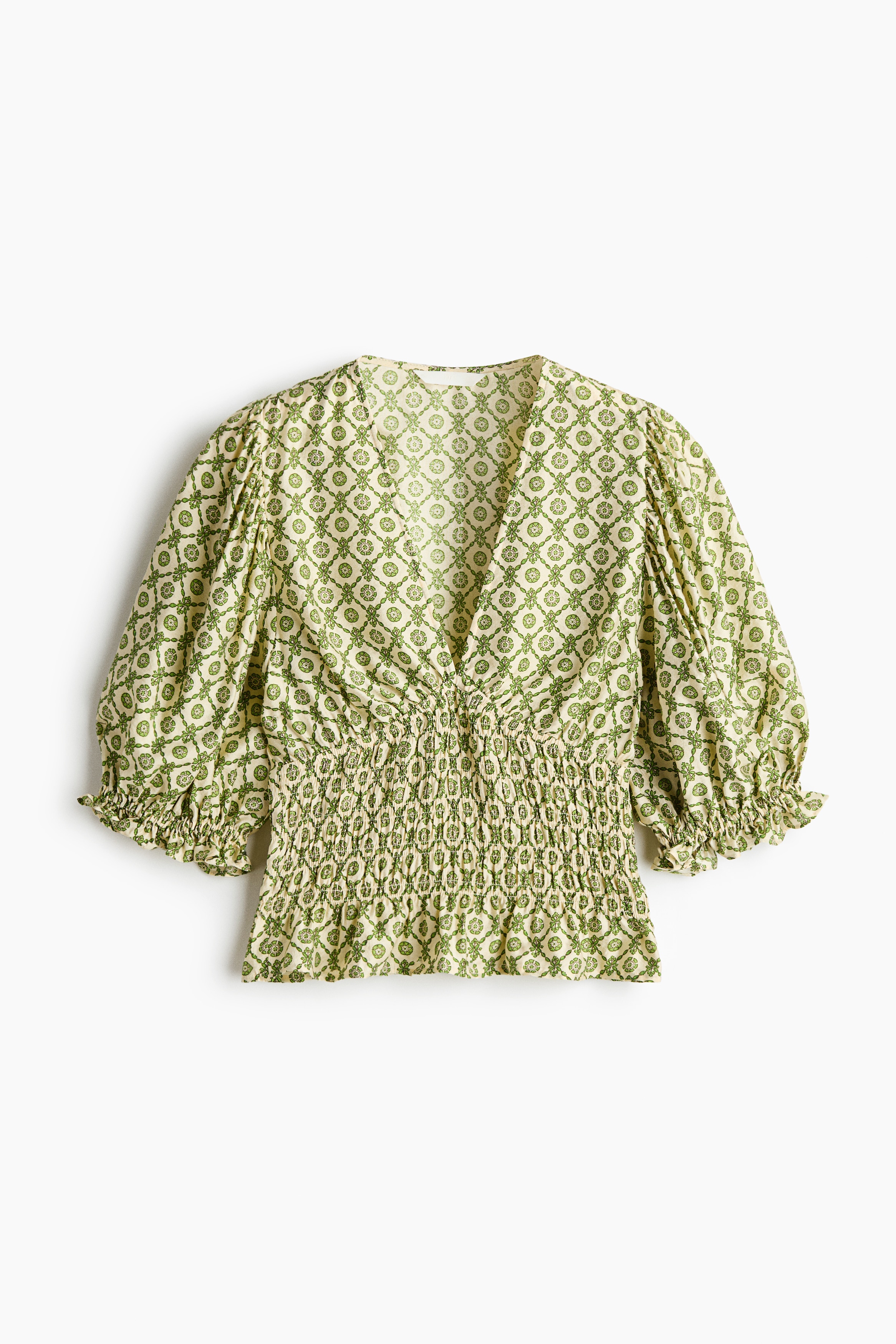 Smocked-waist blouse - Green/Patterned/Dark brown/White