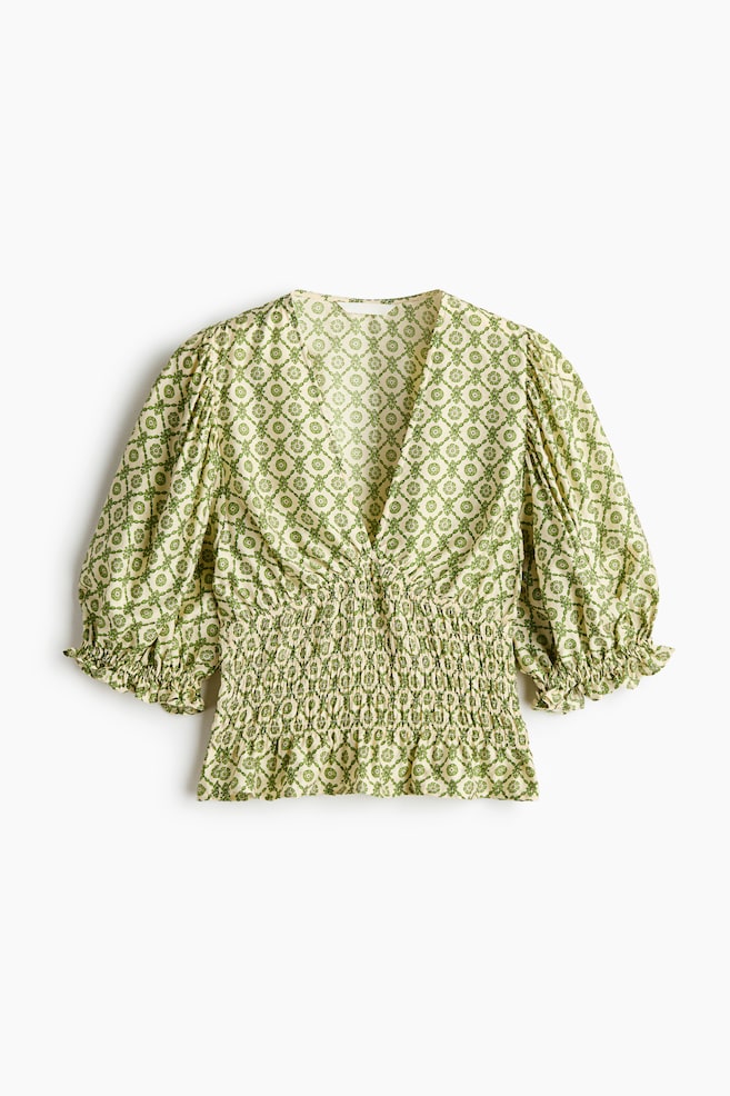 Blusa con punto smock en la cintura - Verde/Diseño/Café oscuro/Blanco - 1