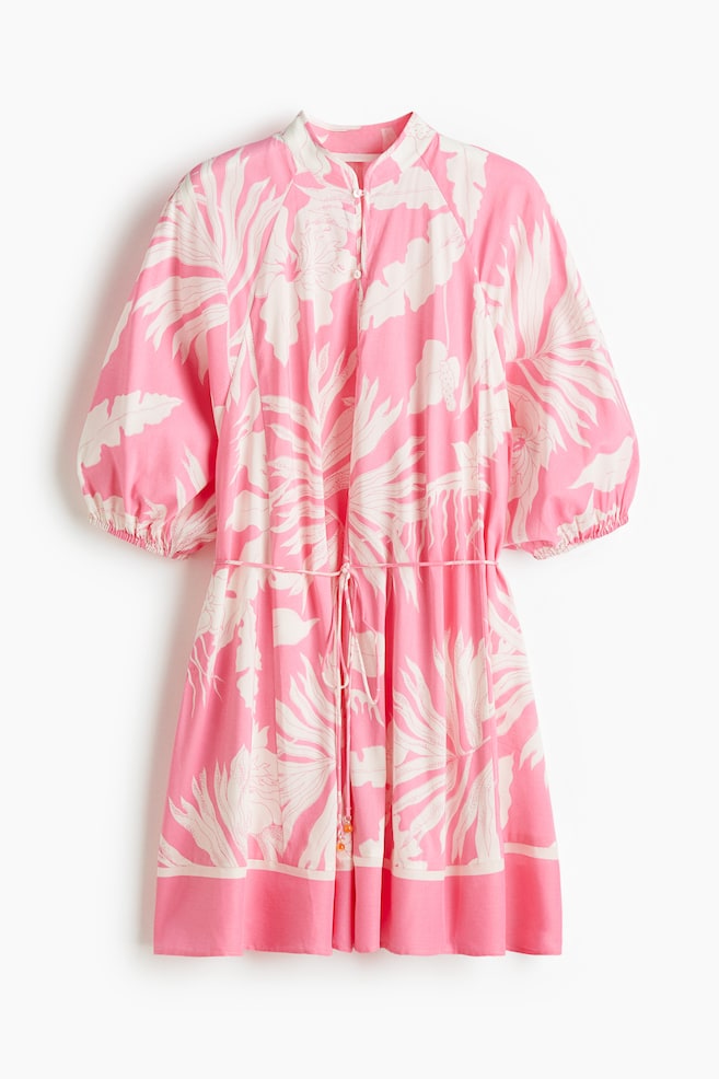Jurk met strikceintuur - Roze/dessin/Zwart/bloemen/Wit/citroenen/Wit/bloemen - 1