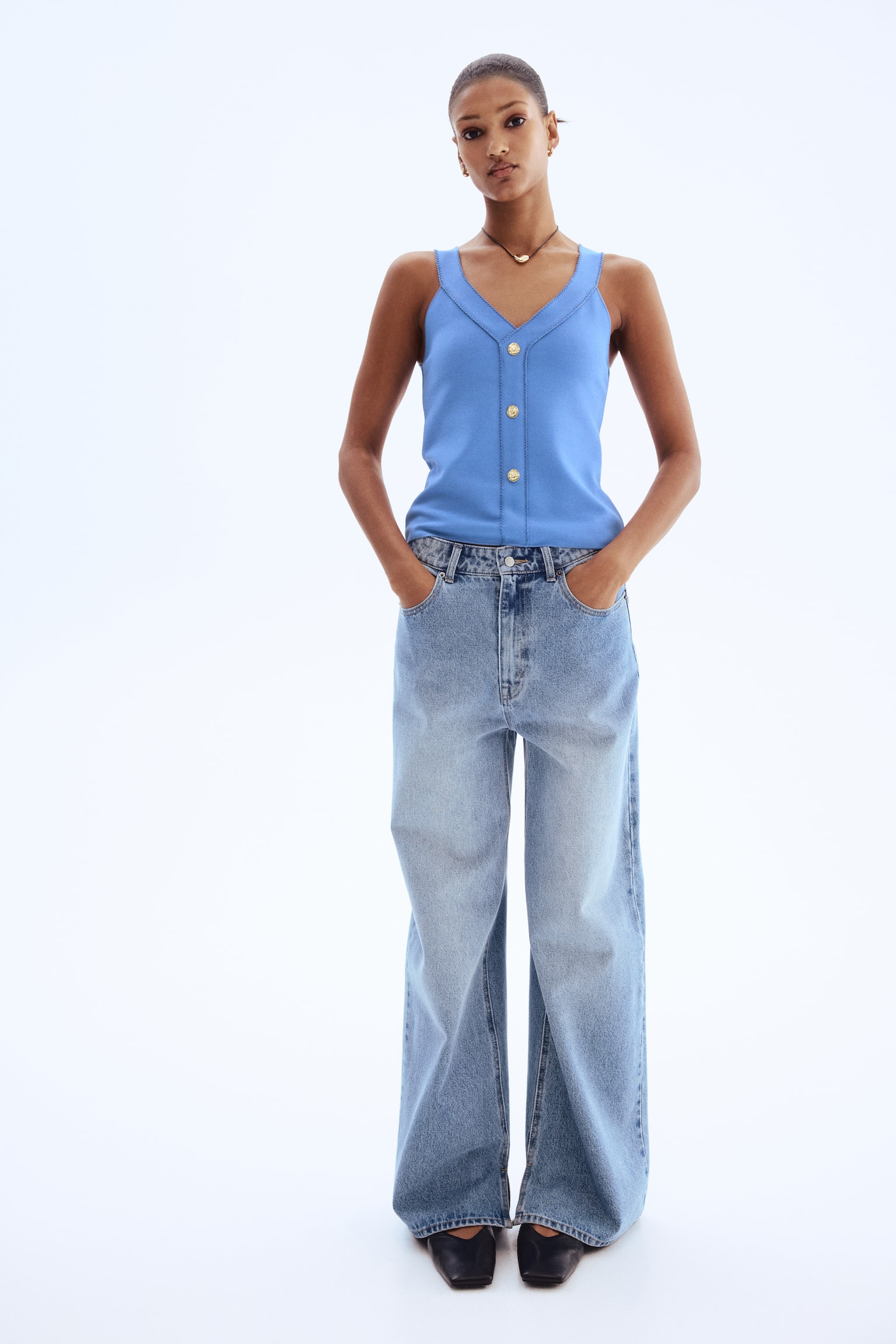 Düğme Detaylı Kolsuz Üst - Mavi/Haki - 3