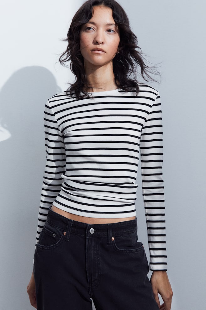 Ribbed long-sleeved top - White/Striped/Black/White/Grey/dc/dc - 1