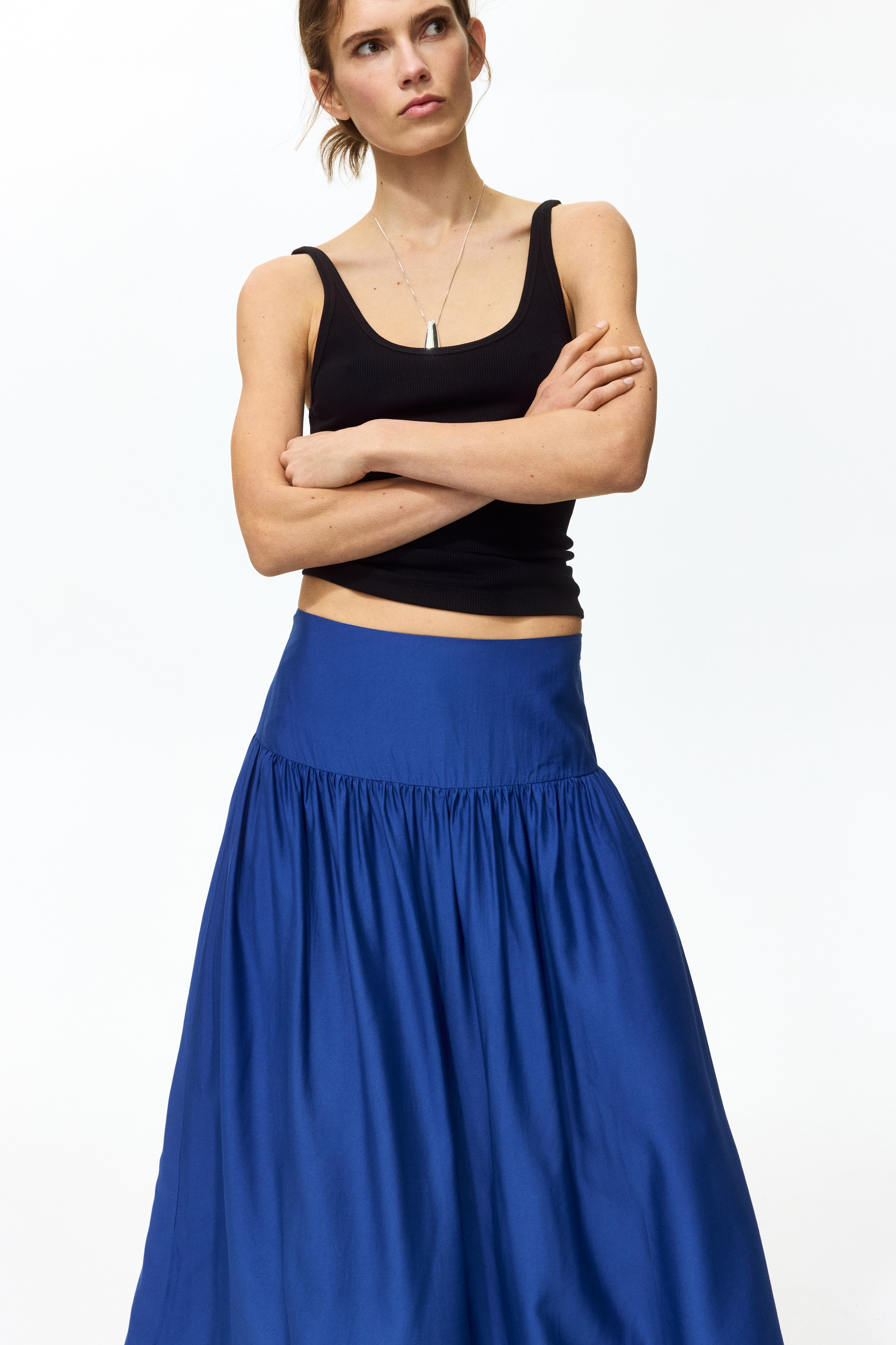 Gathered midi skirt - Dark blue/Beige/Striped