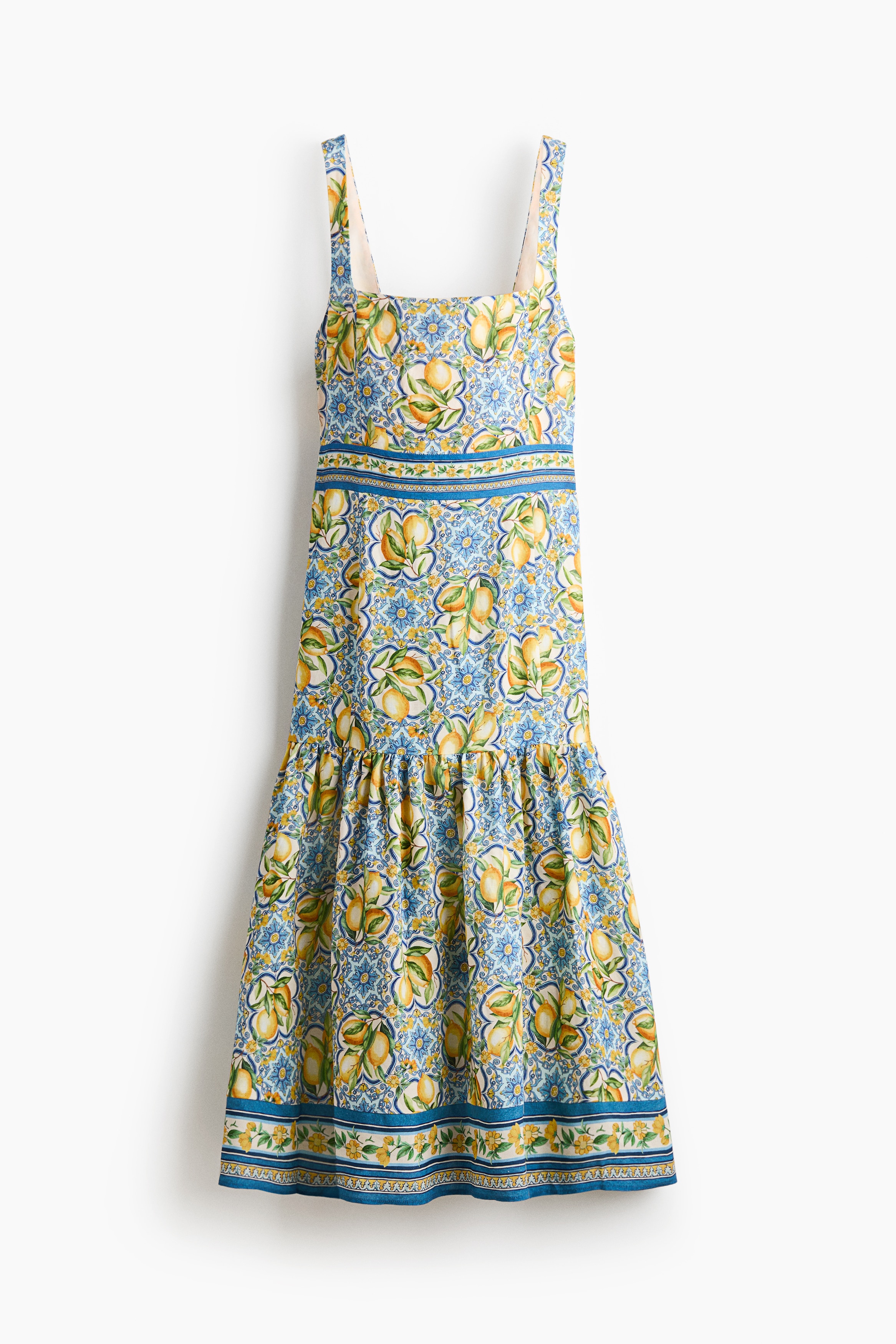 Vestido con cinturón en mezcla de lino - Azul/Limones