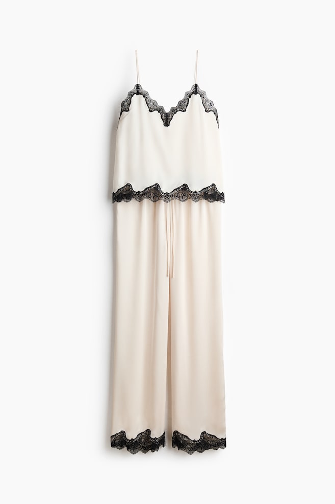 Nachtwäsche aus Satin mit Spitze - Cremefarben/Schwarz - 1