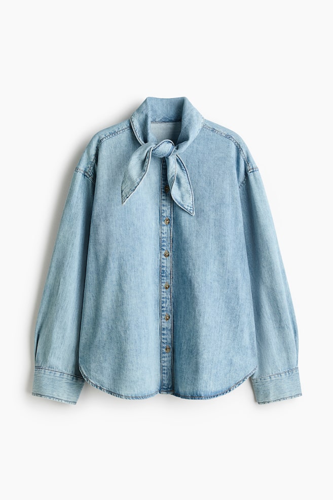 Scarf-collar shirt - Light denim blue/Navy blue/Checked - 1
