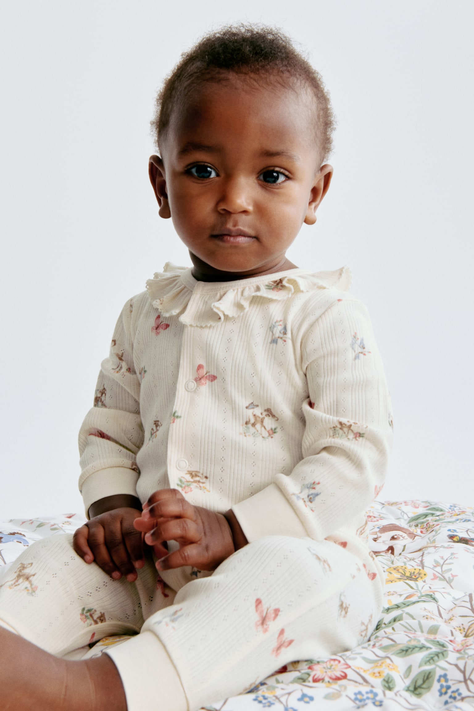 Printed pointelle sleepsuit - Cream/Bambi - 1