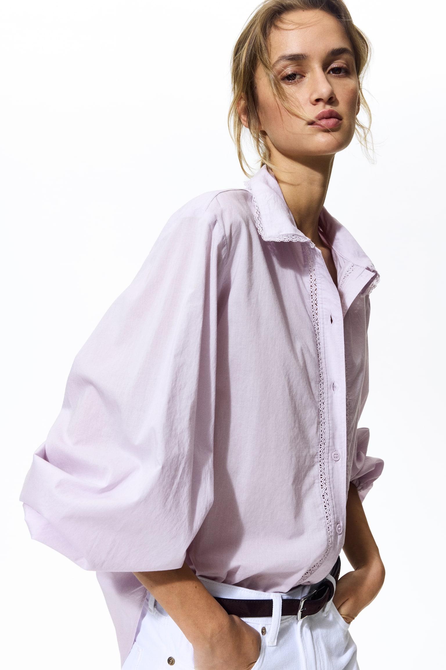 Lace-trimmed cotton shirt - Light purple/White - 1