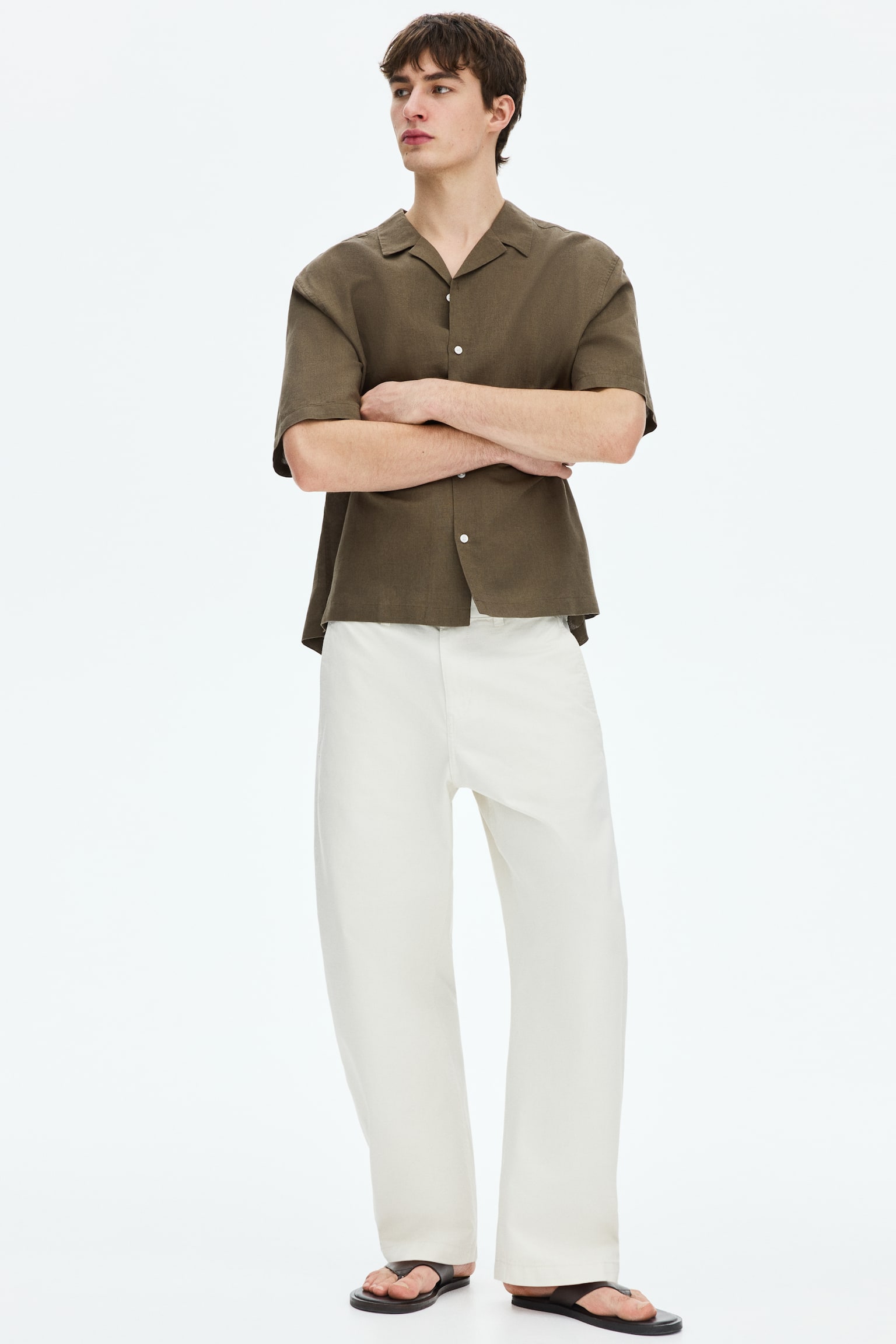 Relaxed Fit Linen-blend resort shirt - Dark khaki green/Light beige/White/Black/White/Striped/Brown - 7
