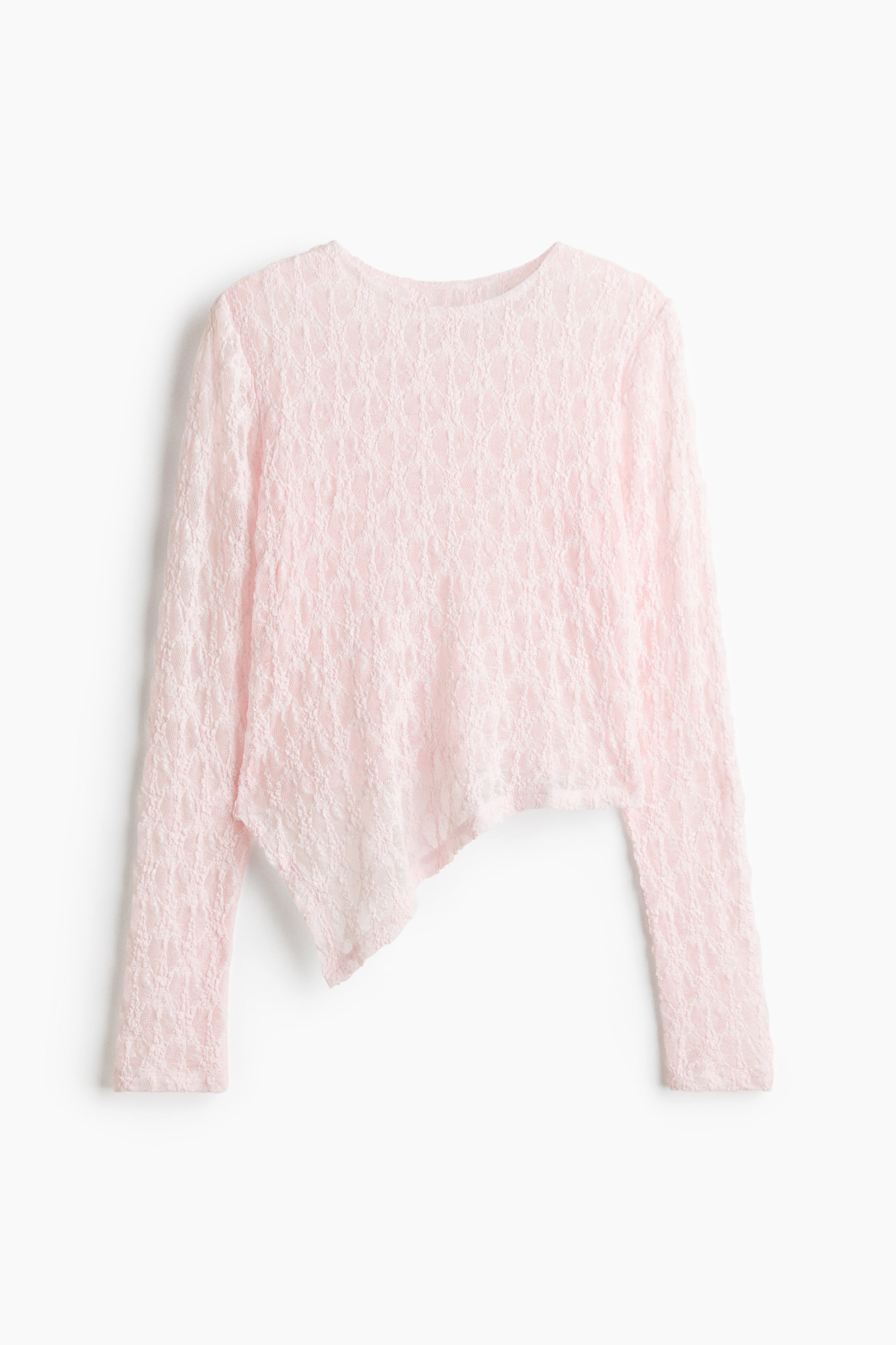 View larger image: A light pink long-sleeved top is facing front, showcasing a textured, semi-sheer lace fabric with a crew neckline. The top features a distinctive asymmetrical hemline that drapes significantly lower on the left side.