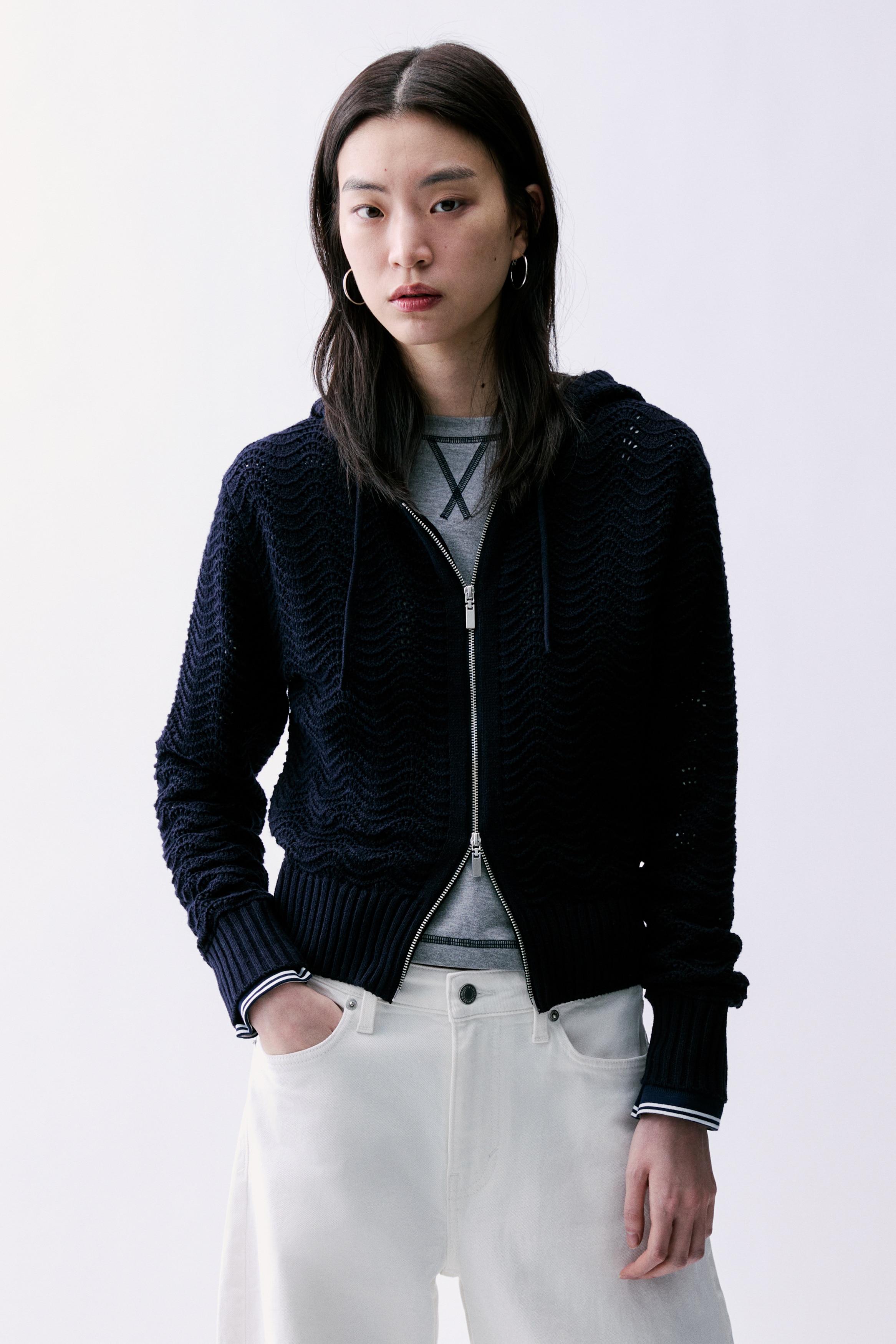 連帽網紗花式鉤織開襟衫 - 海軍藍/灰色