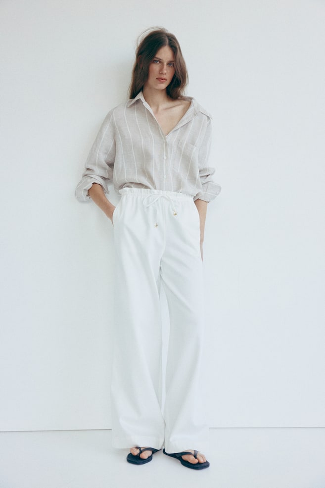 Tie-belt paper bag trousers - Cream/Denim blue - 5