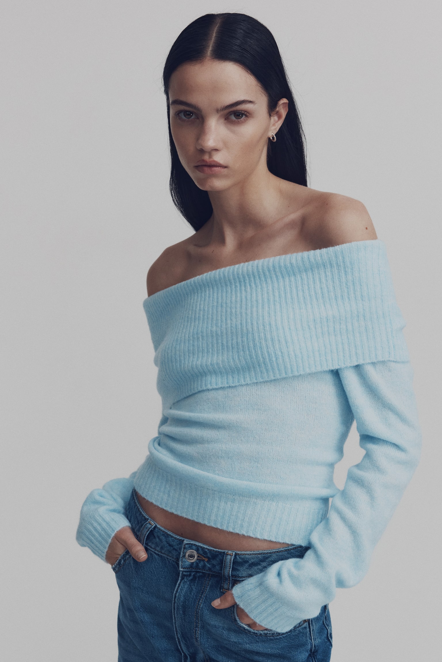 Pull épaules nues - Bleu clair/Noir/Blanc/Rose clair/Gris foncé chiné - 2