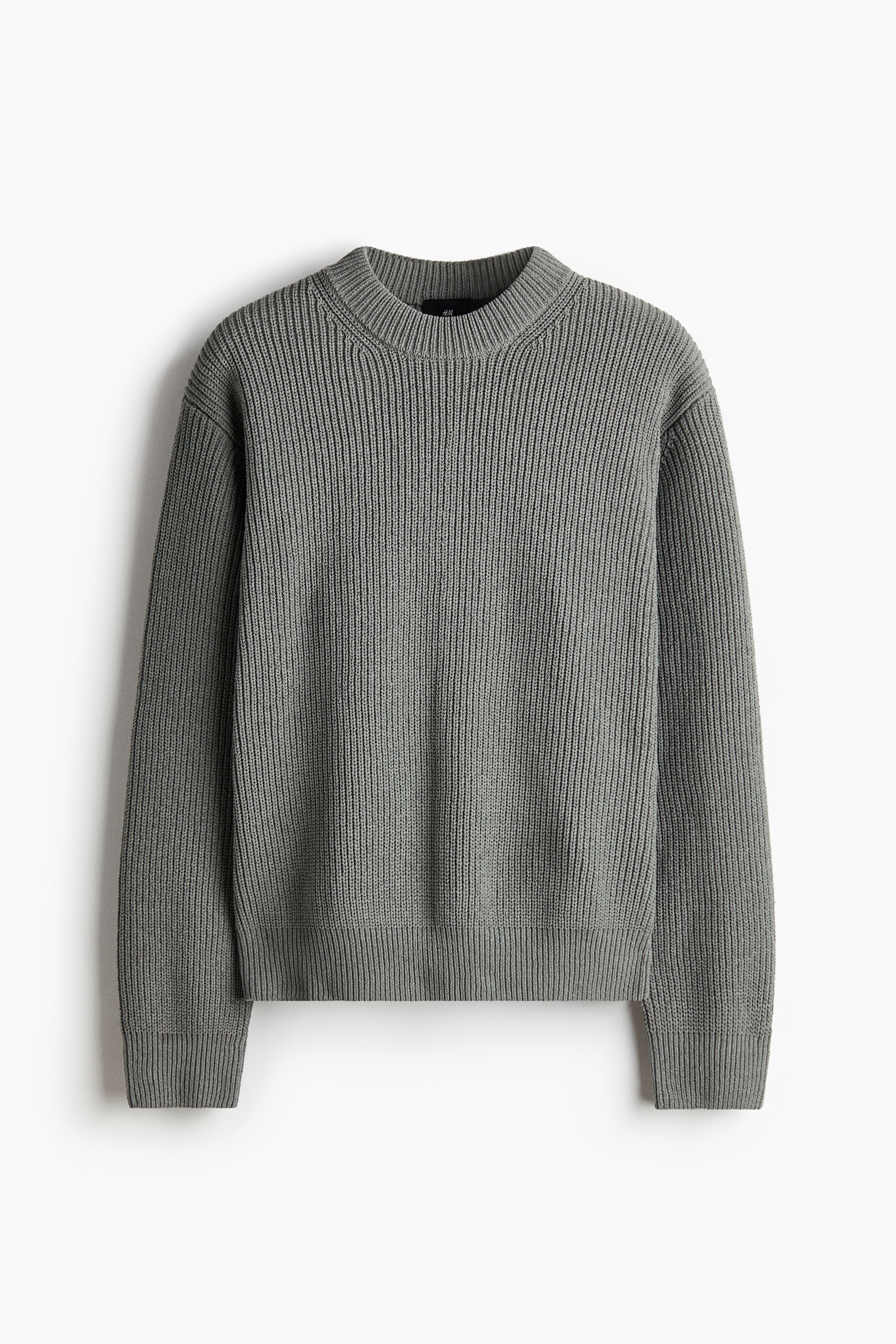 View larger image: A gray-green ribbed knit sweater is shown facing forward, featuring a mock turtleneck collar, ribbed cuffs, and a ribbed hem.