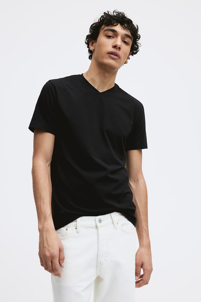 T-shirt z dekoltem w serek Slim Fit - Czarny/Biały - 3