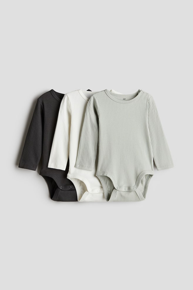 3-pack ribbed bodysuits - Black/White/Light green/Dusty green/Dark grey/Greige/Light beige/Grey/Striped/Light blue/Light grey/Grey/Striped/Pink/Cream - 1