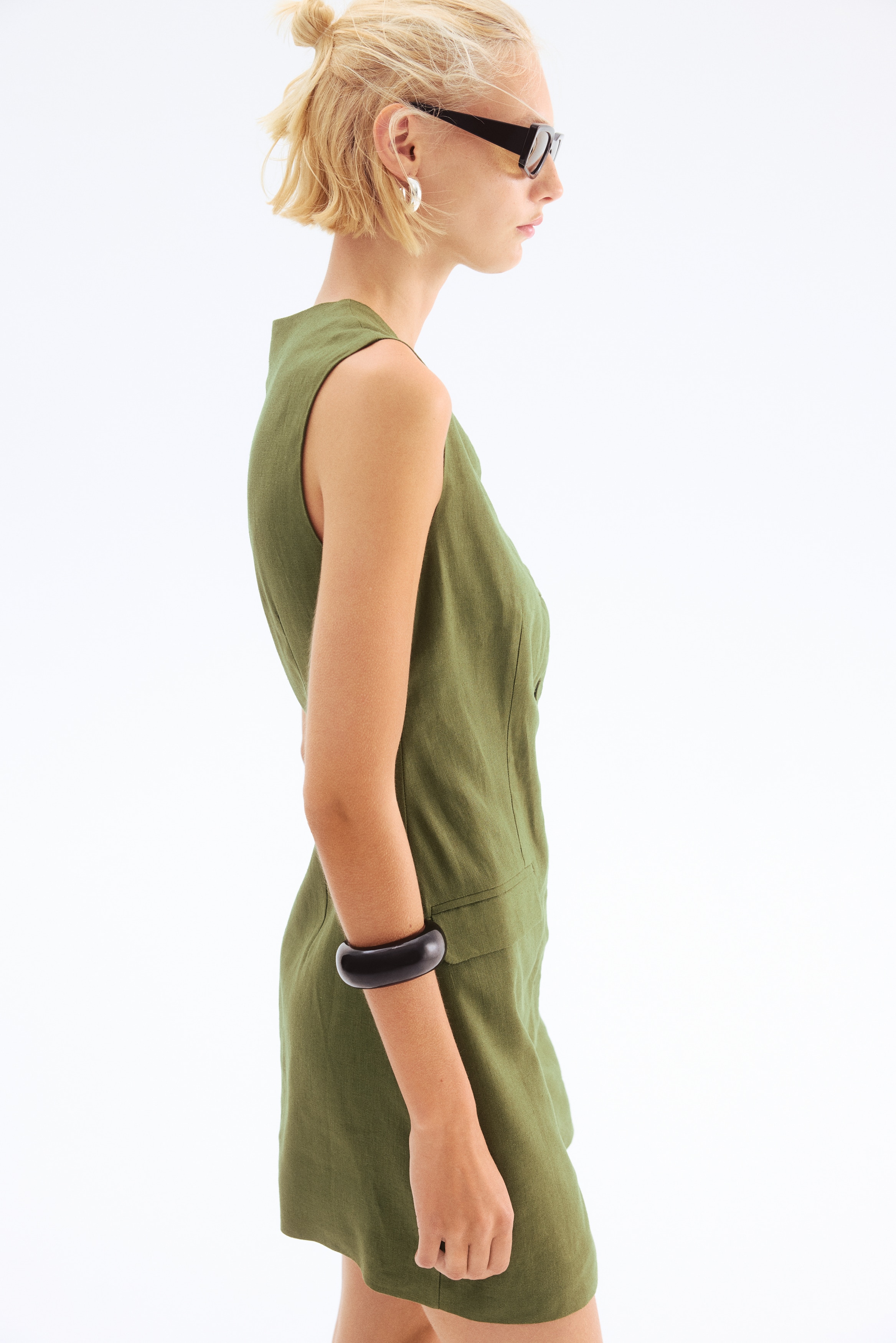 slim fit dress slacks Retro Stage Green 1950s V-Neck Pockets Belted Vest Dress
