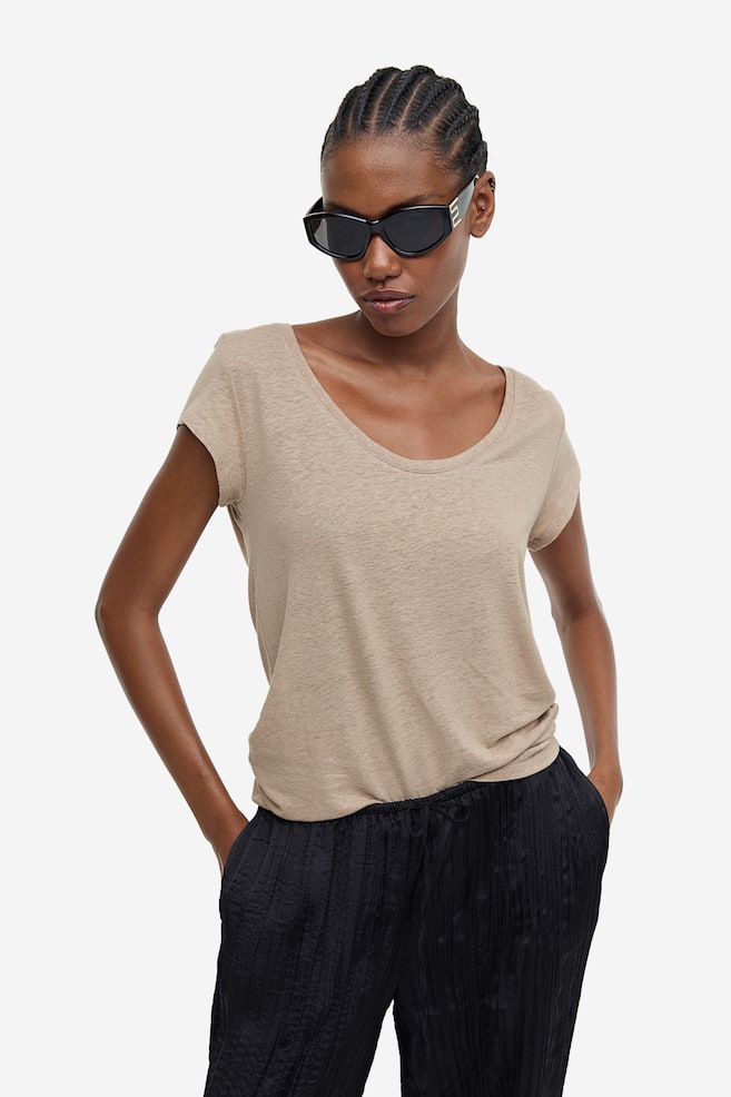 Linen-blend T-shirt - Mole/White/Dark blue - 1