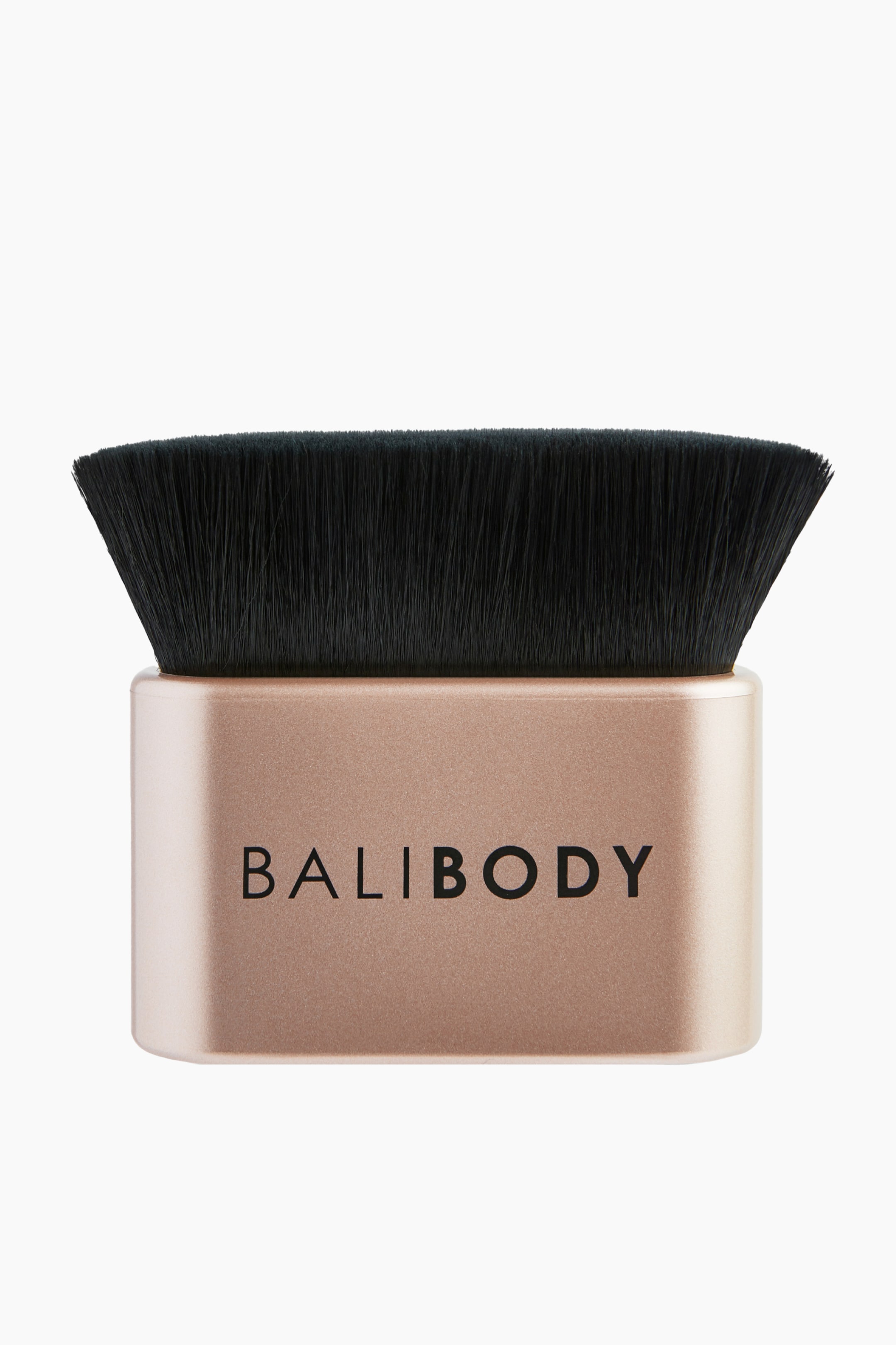 Se større billede: En makeupbørste med et rektangulært, rosaguld-tonet håndtag med "BALIBODY" trykt i sort på forsiden. Tætte, sorte, flade børstehår strækker sig opad fra håndtaget og spreder sig let udad.