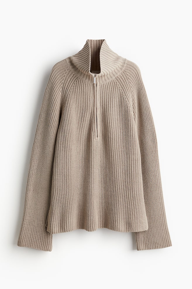 Pullover in maglia a coste con mezza cerniera - Beige chiaro/Crema/righe - 1