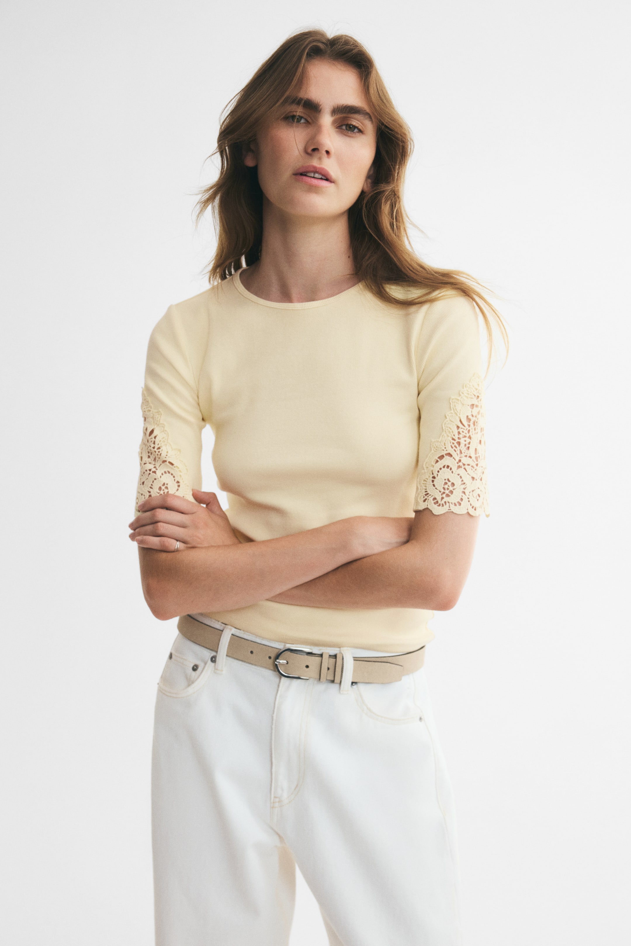Ribbed Lace-Inset Top