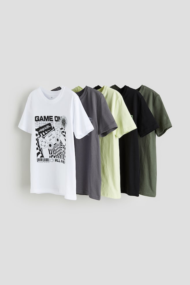 5-pak T-shirt i bomuld - Sort/On a New Level/Beige/Skateboarder/Blå/Fodboldspiller/Gråmeleret/California - 1