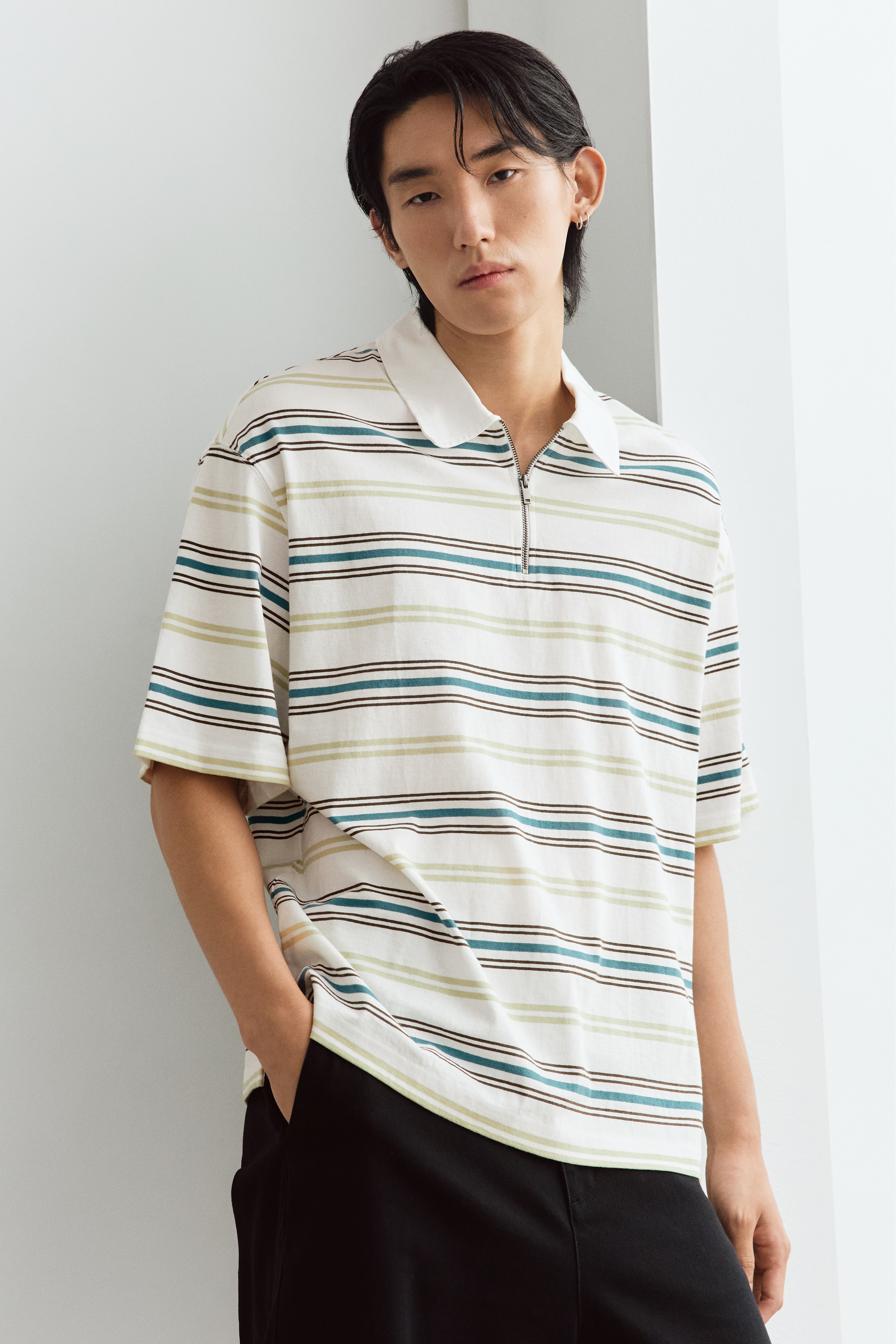 Loose-Fit Rugby Shirt - Cream/striped/Black/striped