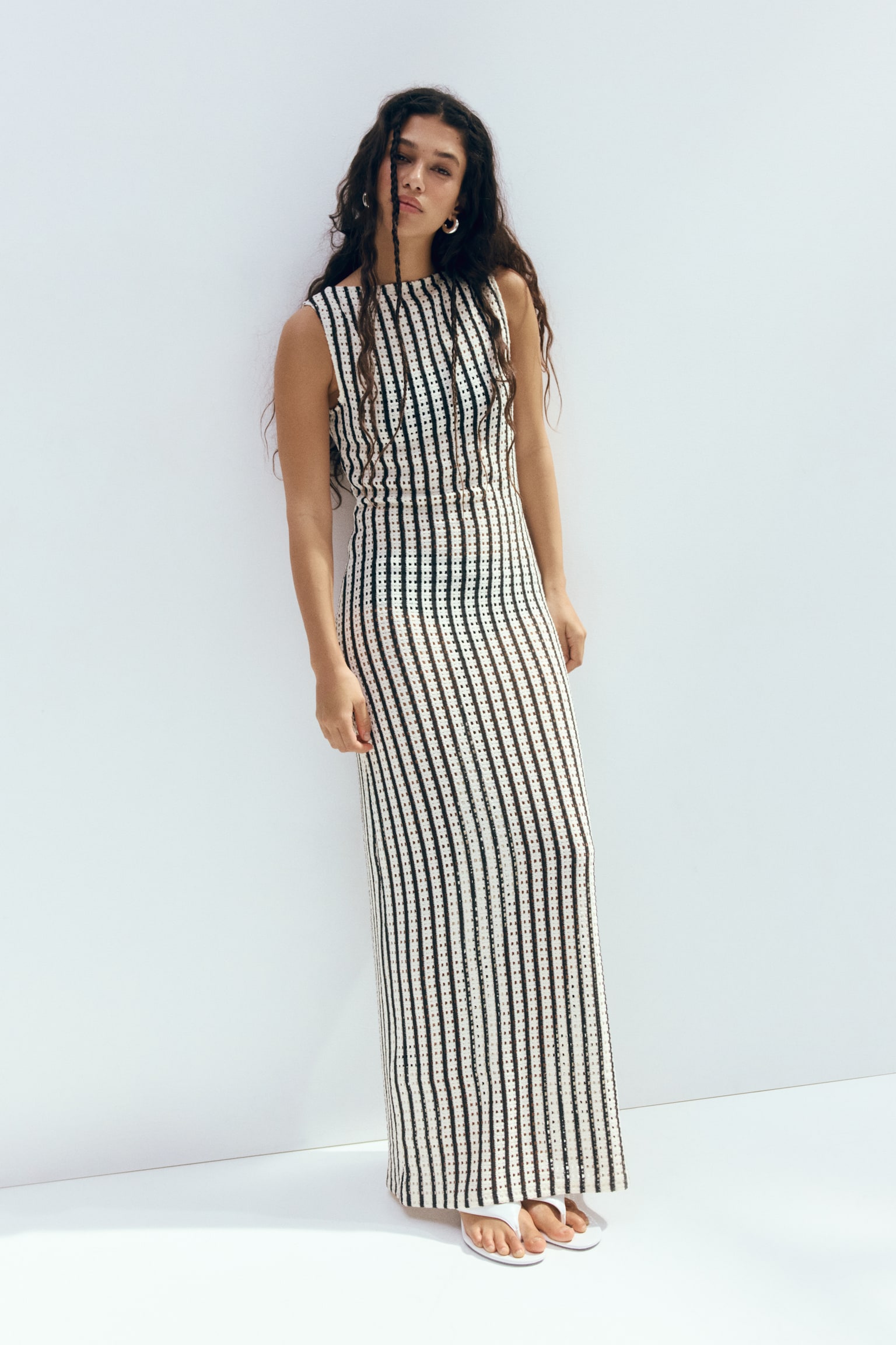 Vestido midi en tejido calado - Negro/Franjas - 1