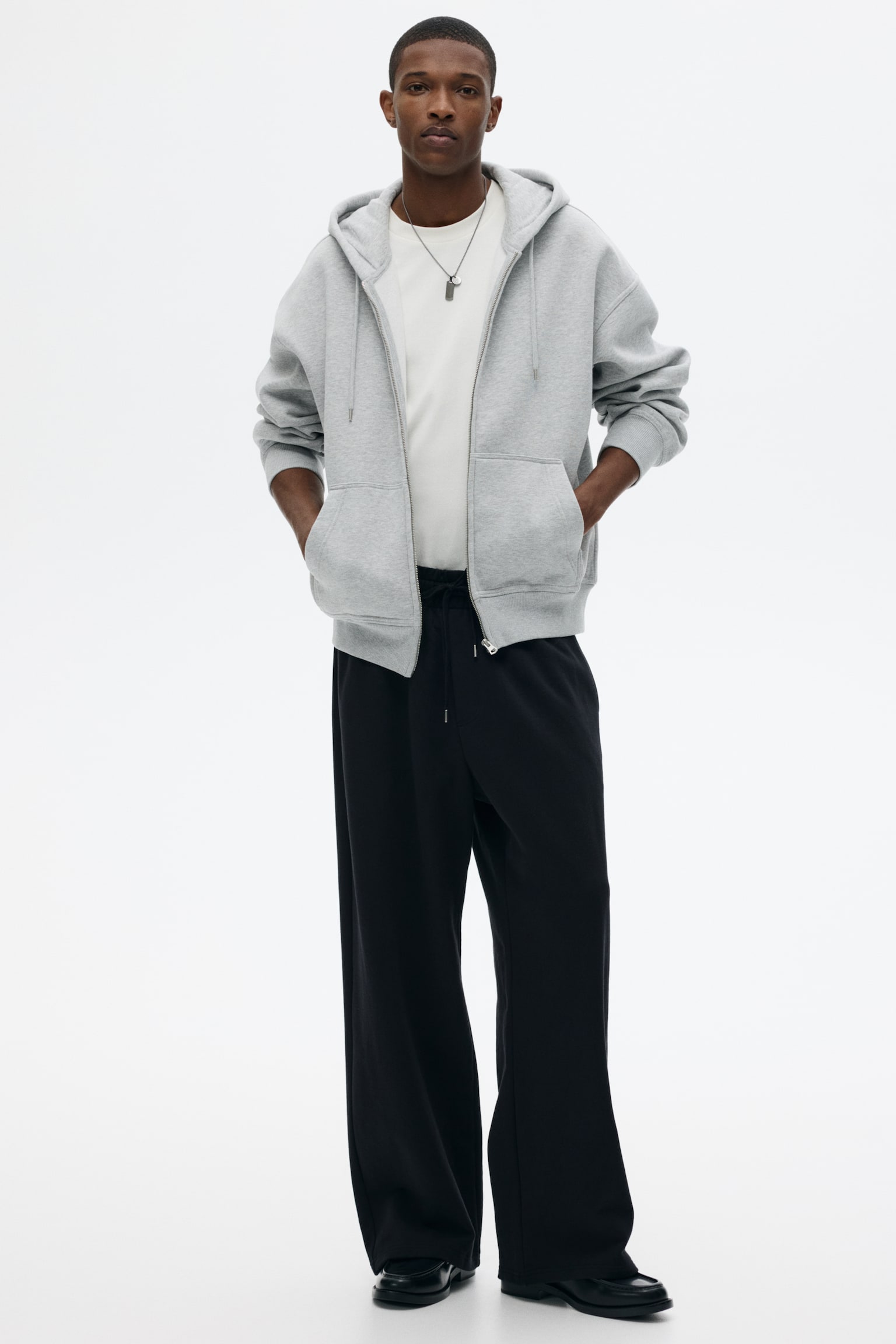 קפוצ'ון עם רוכסן Oversized Fit - אפור מלאנז'/שחור - 5