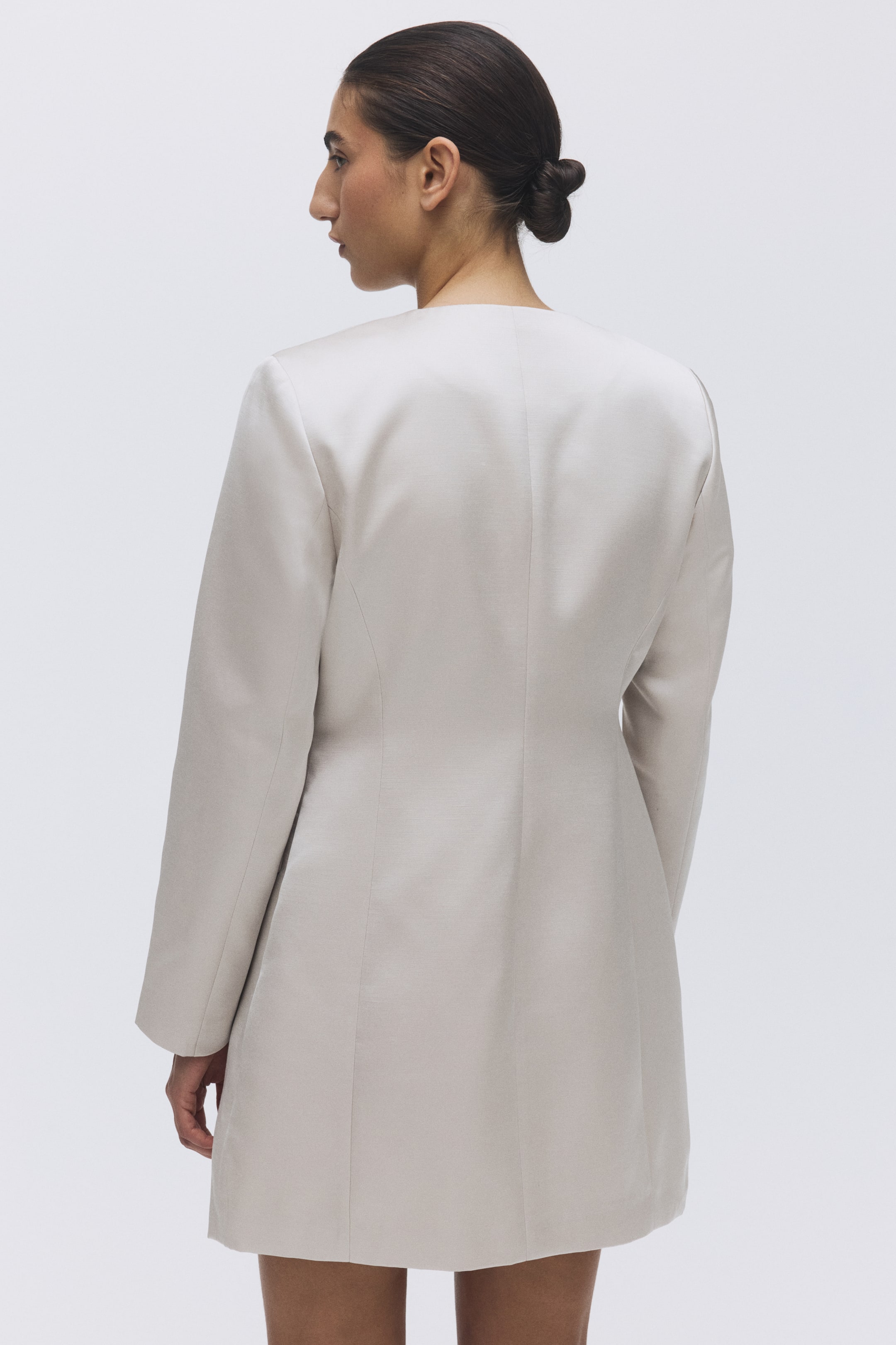 View larger image: A light beige mini dress is being viewed from the back, featuring a smooth, lustrous fabric. It is designed with long sleeves, a round neckline, and vertical seams shaping the garment's back.