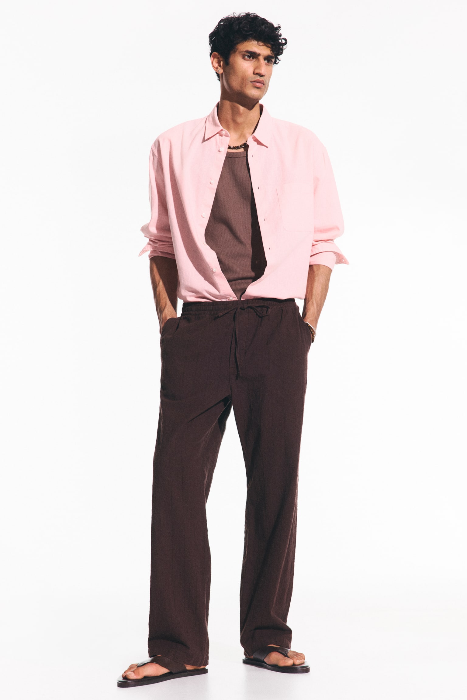 Relaxed Fit Textured cotton trousers - Dark brown/White - 1