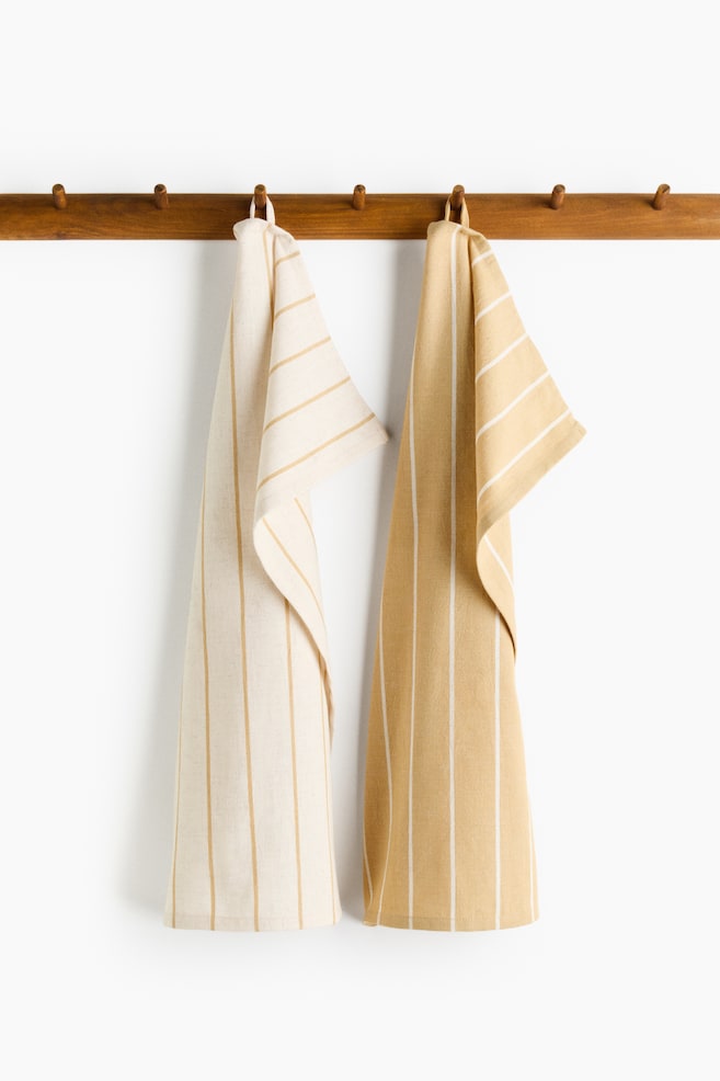 2-Pack Linen-Blend Tea Towels - Dusty yellow/striped/Dusty blue/striped/Dusty blue/checked/Taupe/striped/Dusty yellow/checked/Taupe/checked - 1