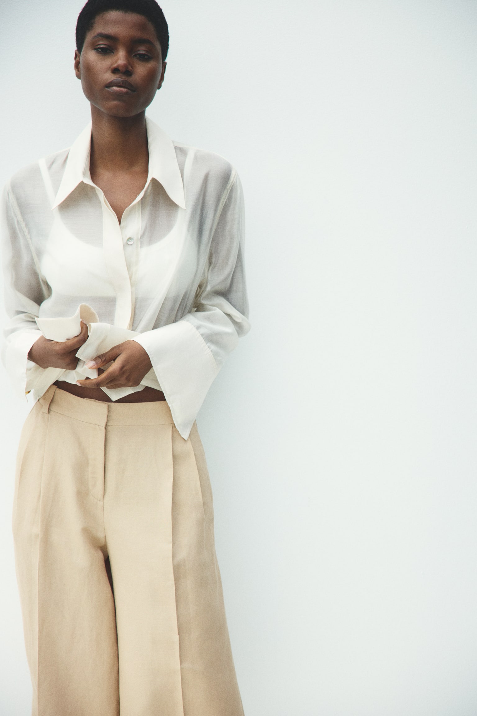Wide linen-blend culottes - Beige/Ivory/Dark brown/Black - 1