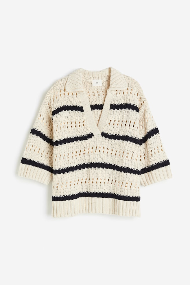 Pointelle-knit collared jumper - Light beige/Striped/Cream - 2