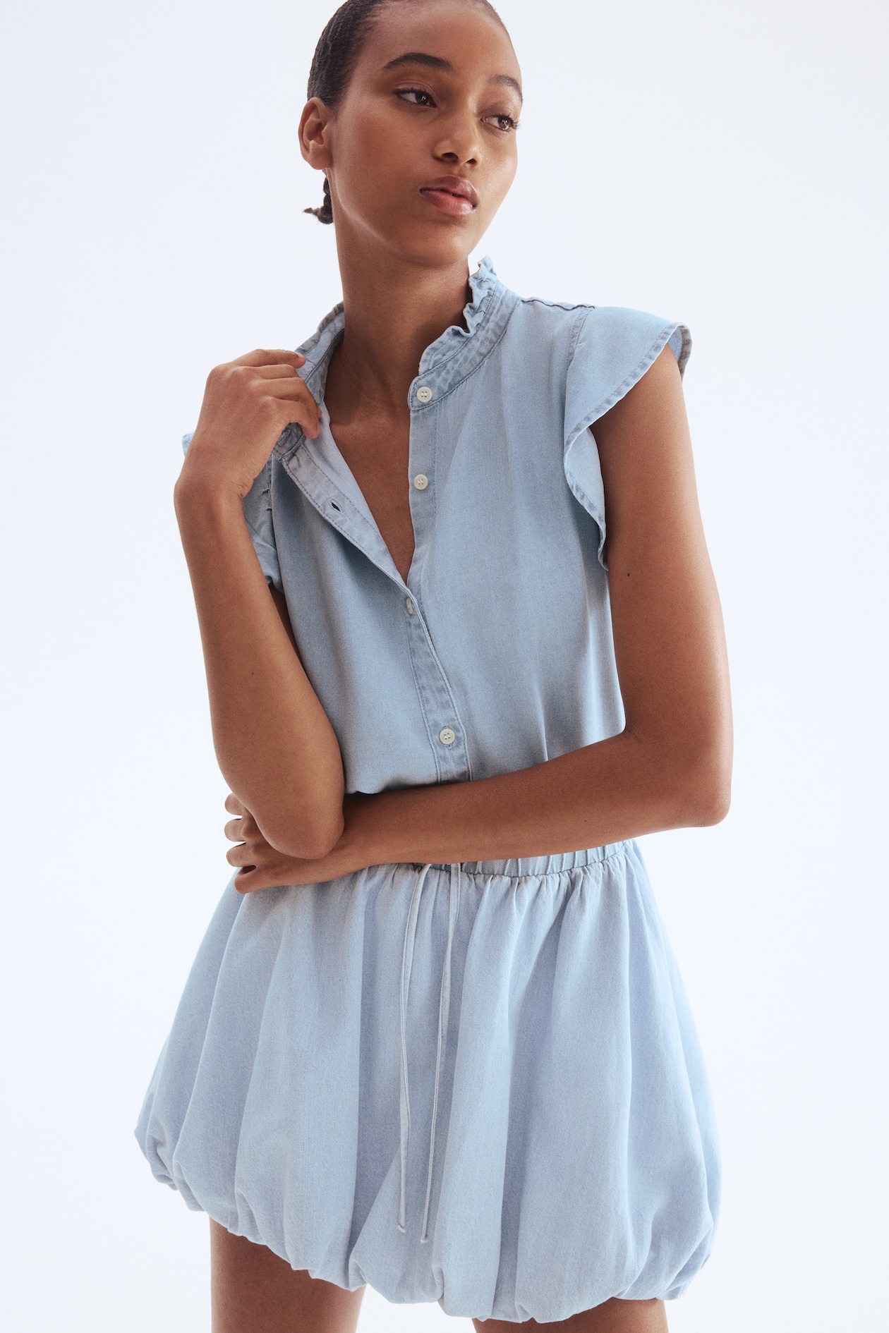 Ruffle-Trimmed Denim Blouse
