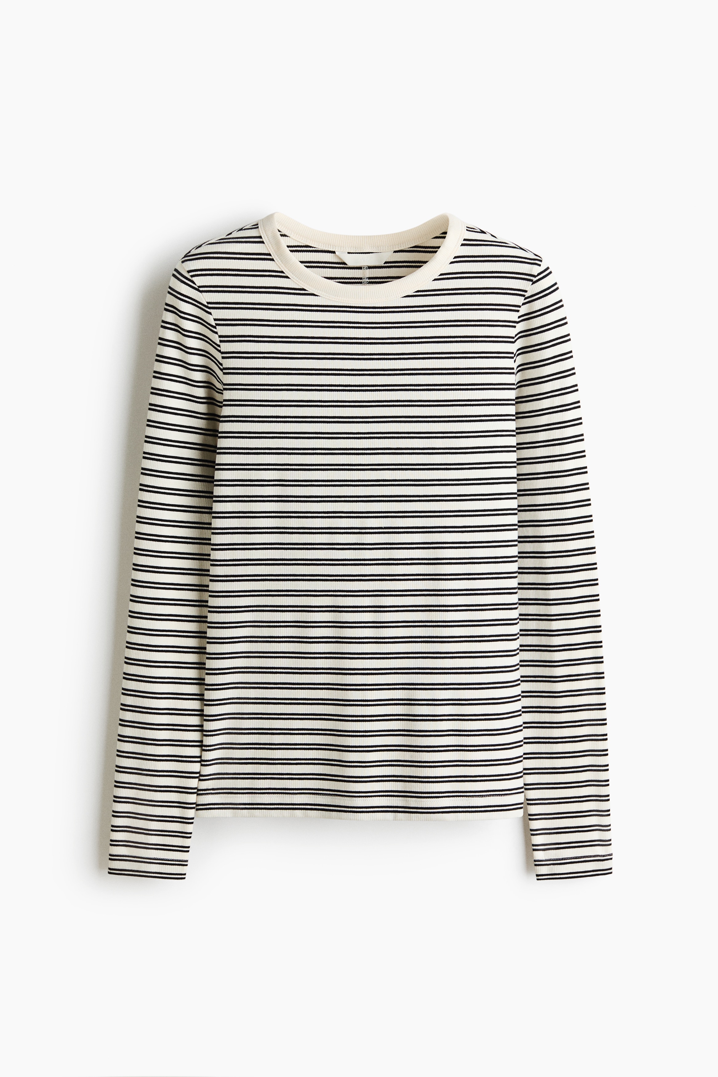 Long-Sleeved Ribbed Top - Cream/striped/White/Dark khaki green/Dark dusty purple