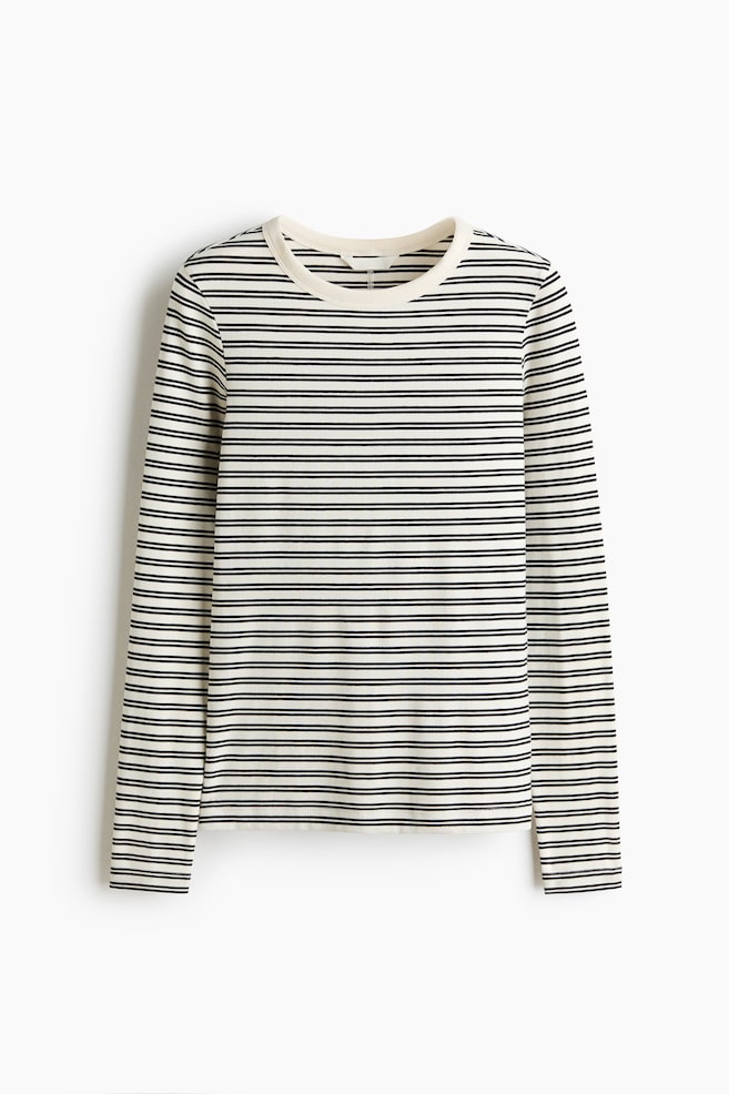 Long-Sleeved Ribbed Top - Cream/striped/Gray melange/White/Dark dusty purple/Dark khaki green - 1