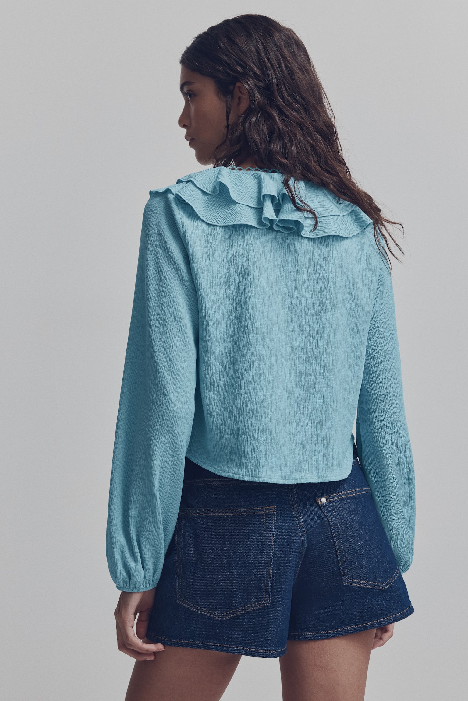 Flounce-trimmed blouse - Dusty turquoise/White/Floral/Black/Red - 5