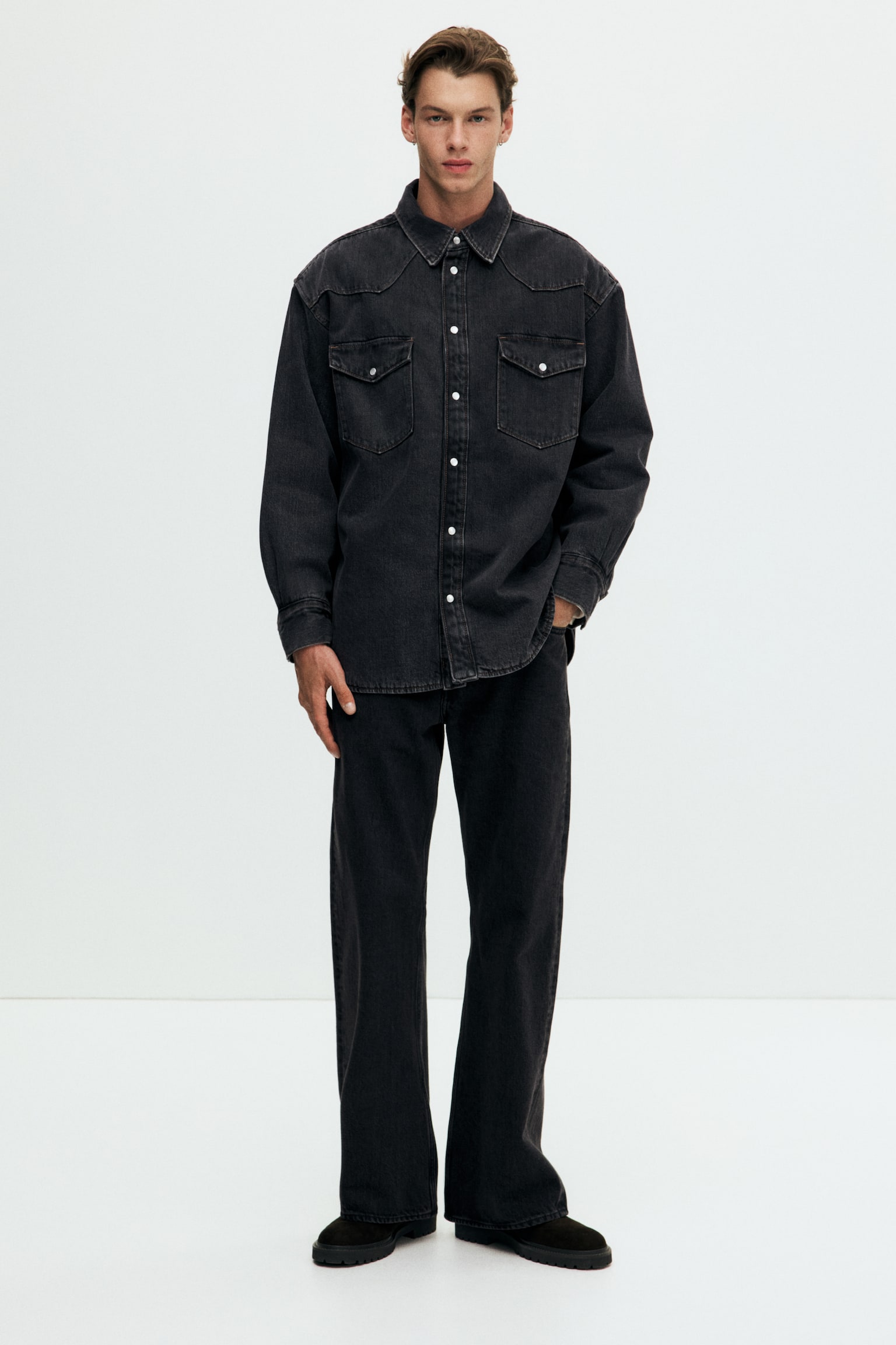 加大碼鋪棉丹寧襯衫 - 丹寧黑 - 5