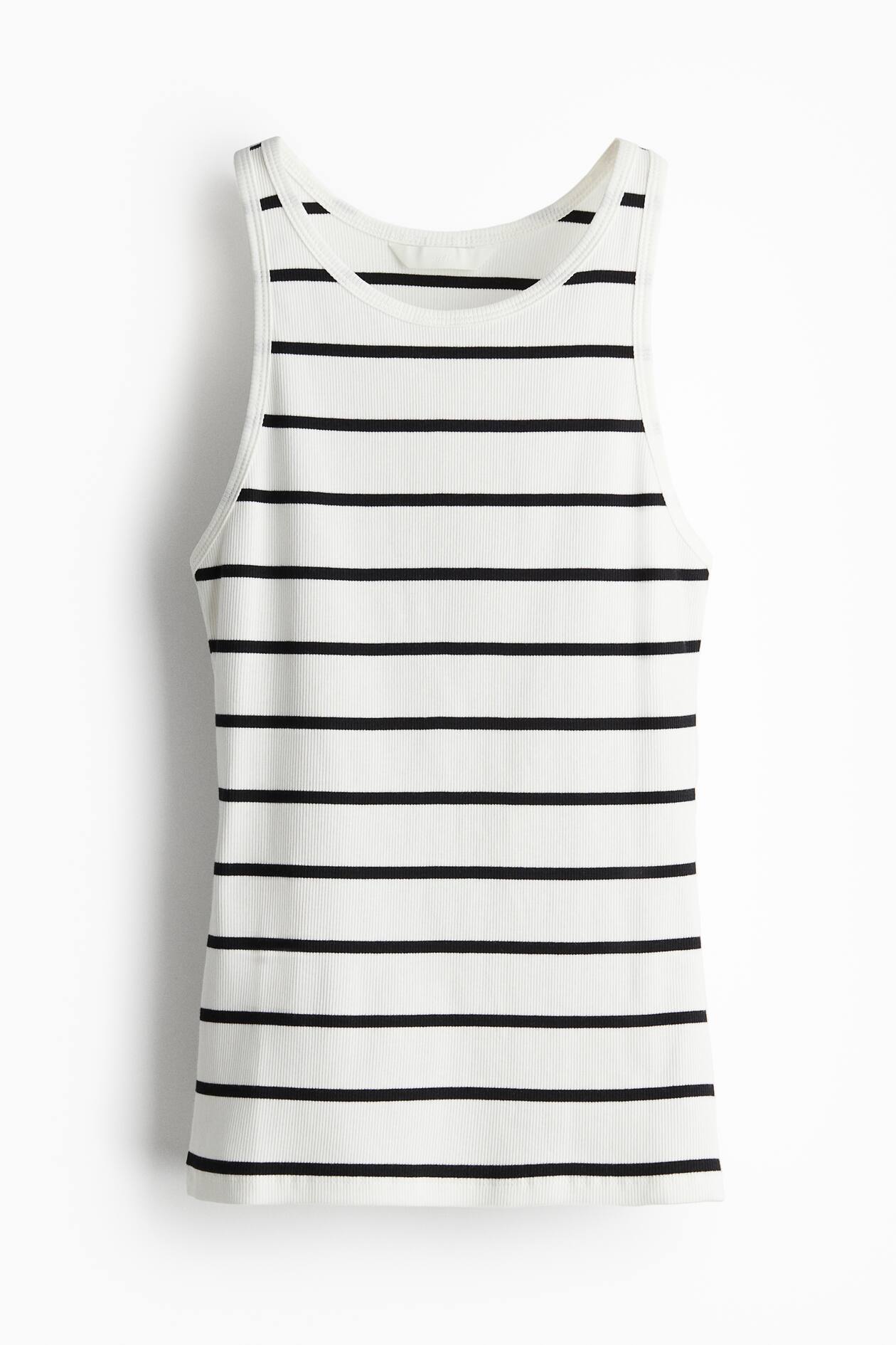 Ribbed Tank Top - Round Neck - Sleeveless - White/black striped  
