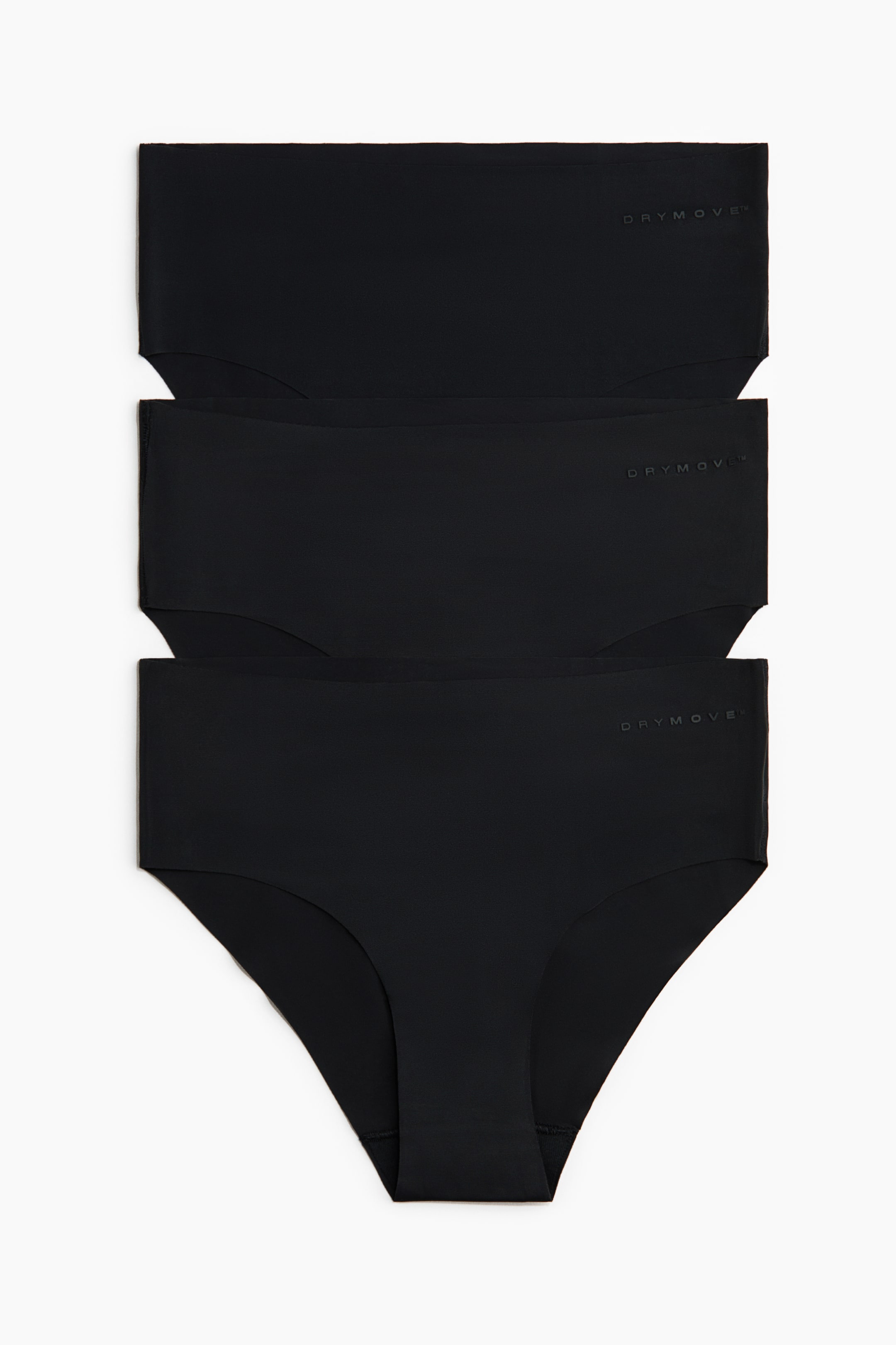 View larger image: Three black seamless briefs are stacked vertically, showing their fronts. Each brief features subtle 'DRYMOVE' branding embossed on the right-hand hip, showcasing a smooth fabric with curved leg openings.