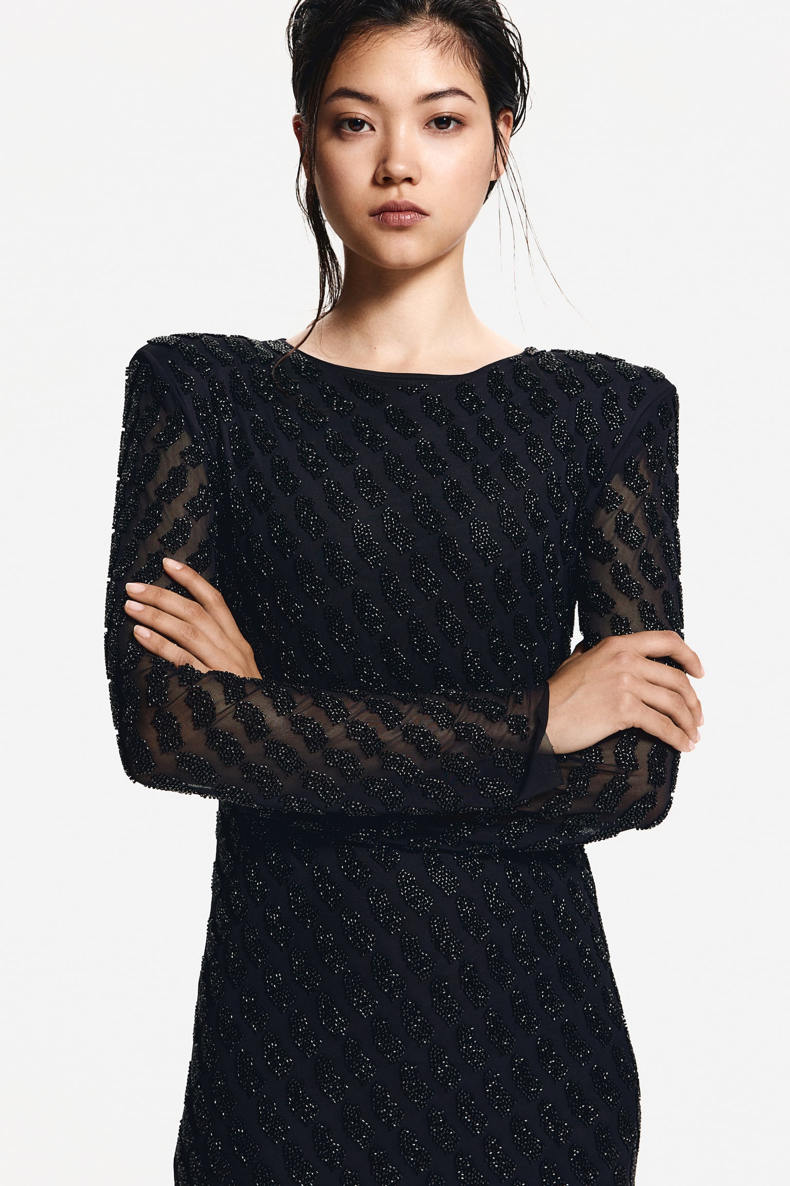 Bead-embellished mesh dress - Black - 6