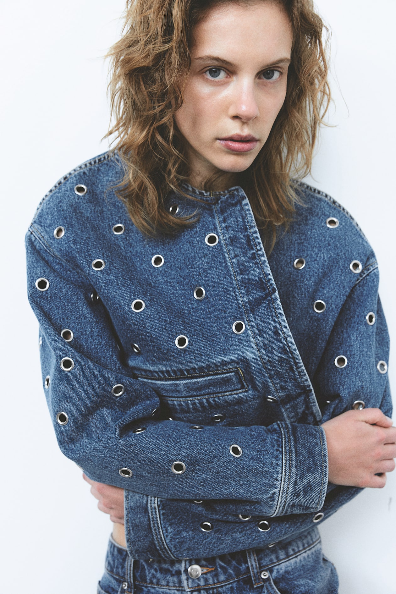 Denim Jacket with Grommets - Round Neck - Long sleeve - Denim blue ...