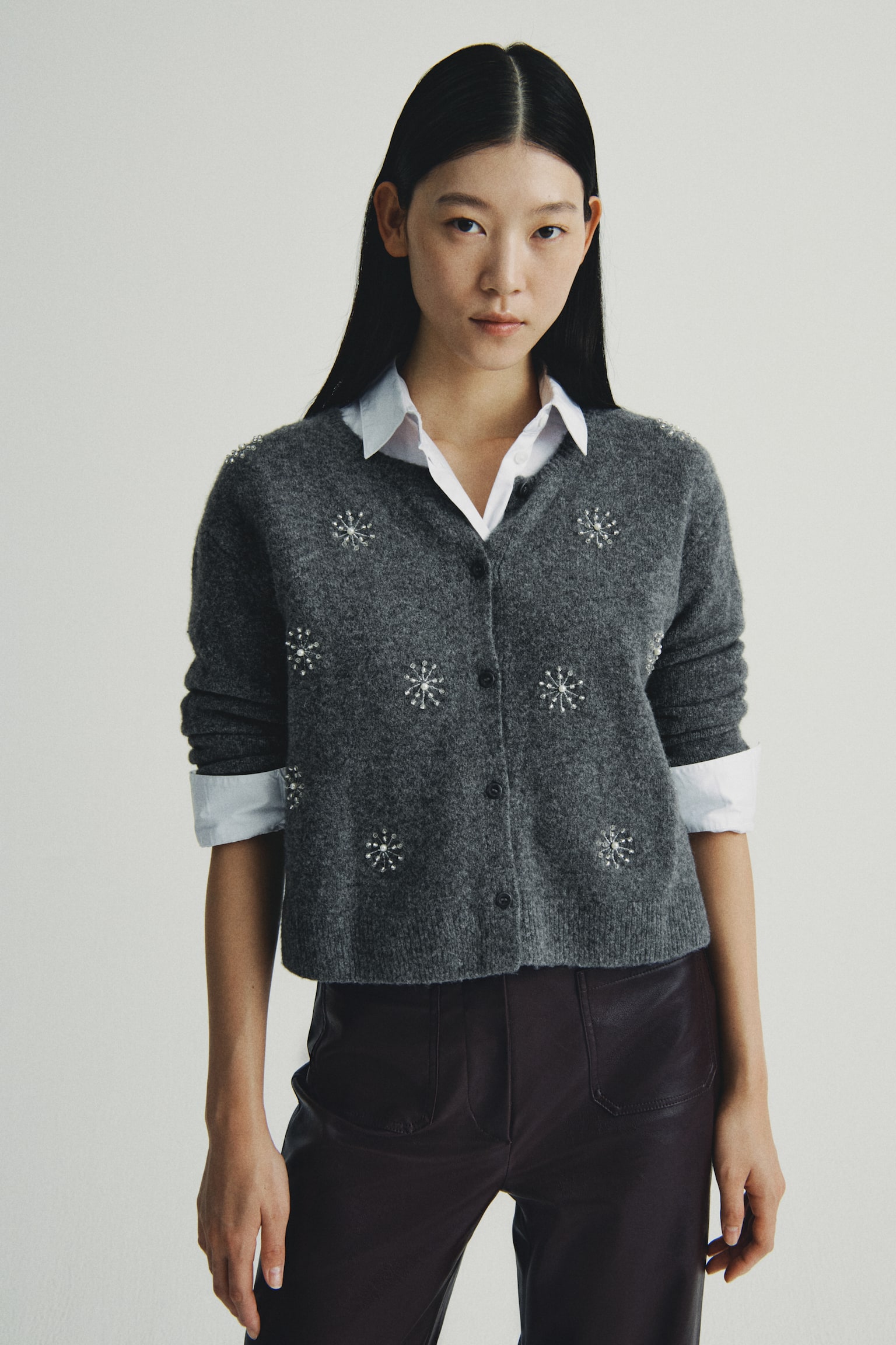 Embroidered cardigan - ダークグレー/ライトベージュ - 1