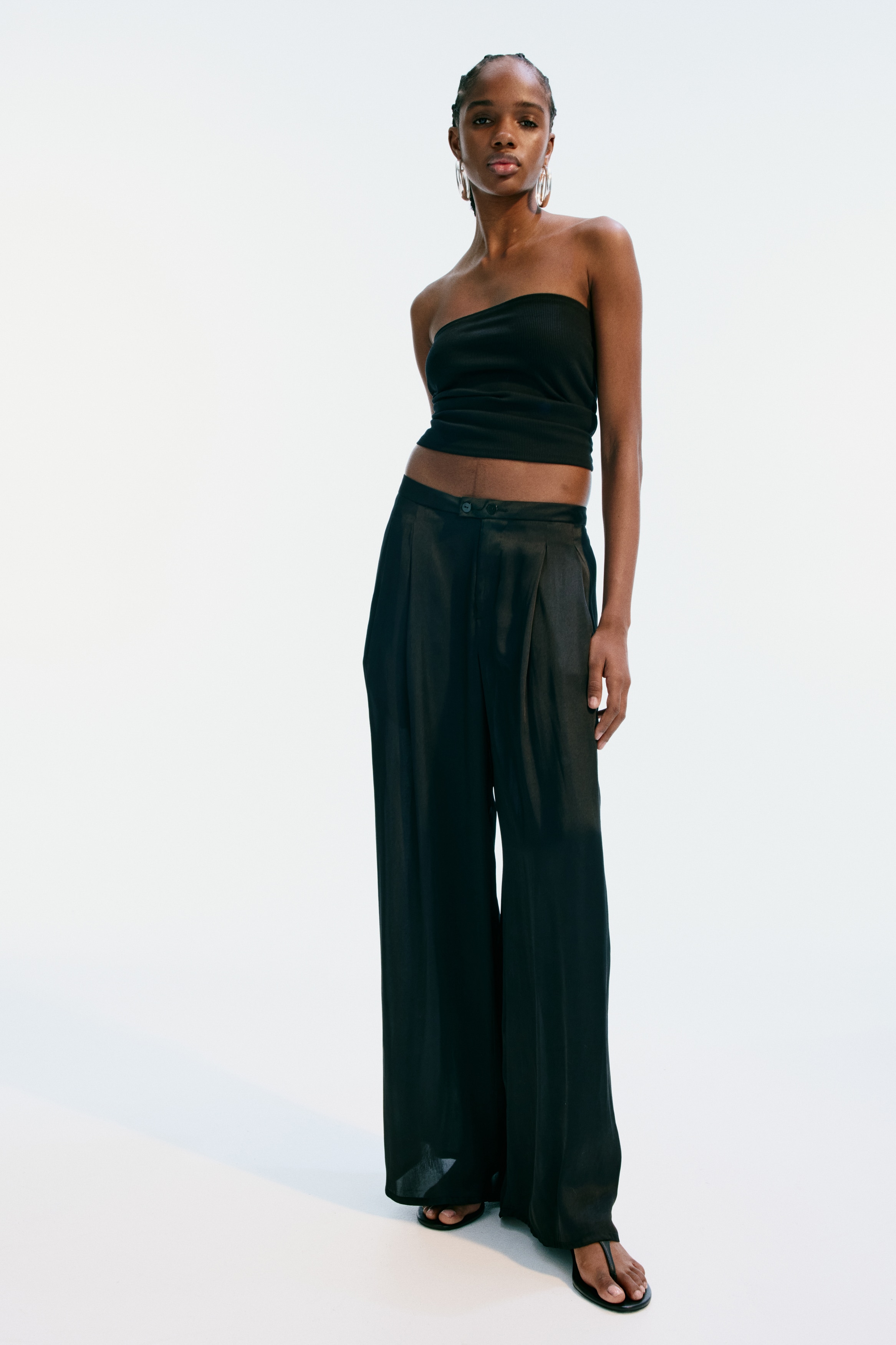 Wijde satijnen broek - Zwart/Lichtbeige