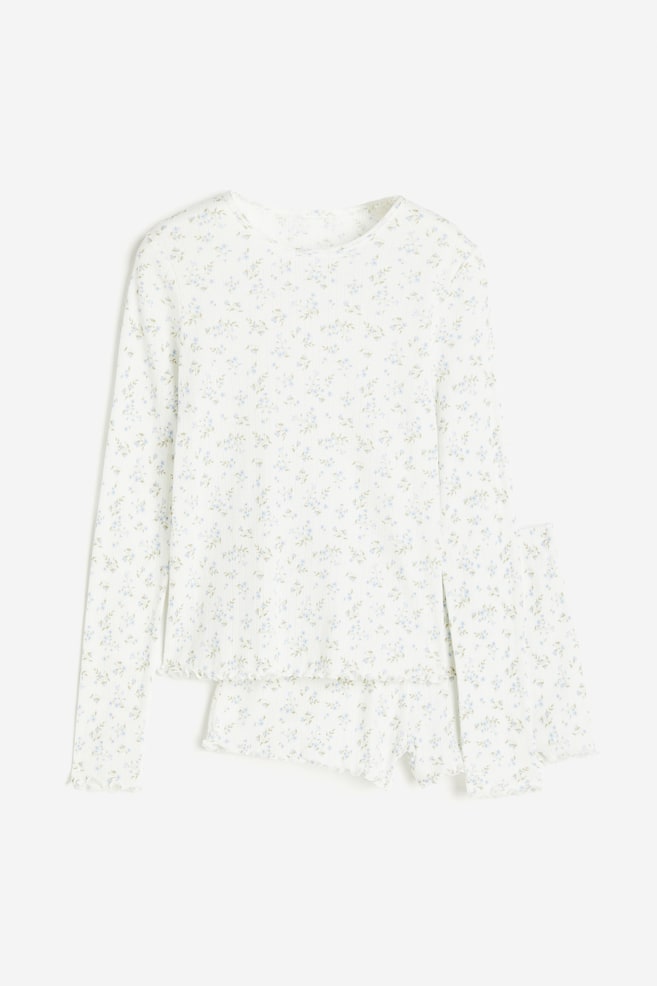 Pyjama côtelé - Blanc/fleuri/Gris clair chiné - 2