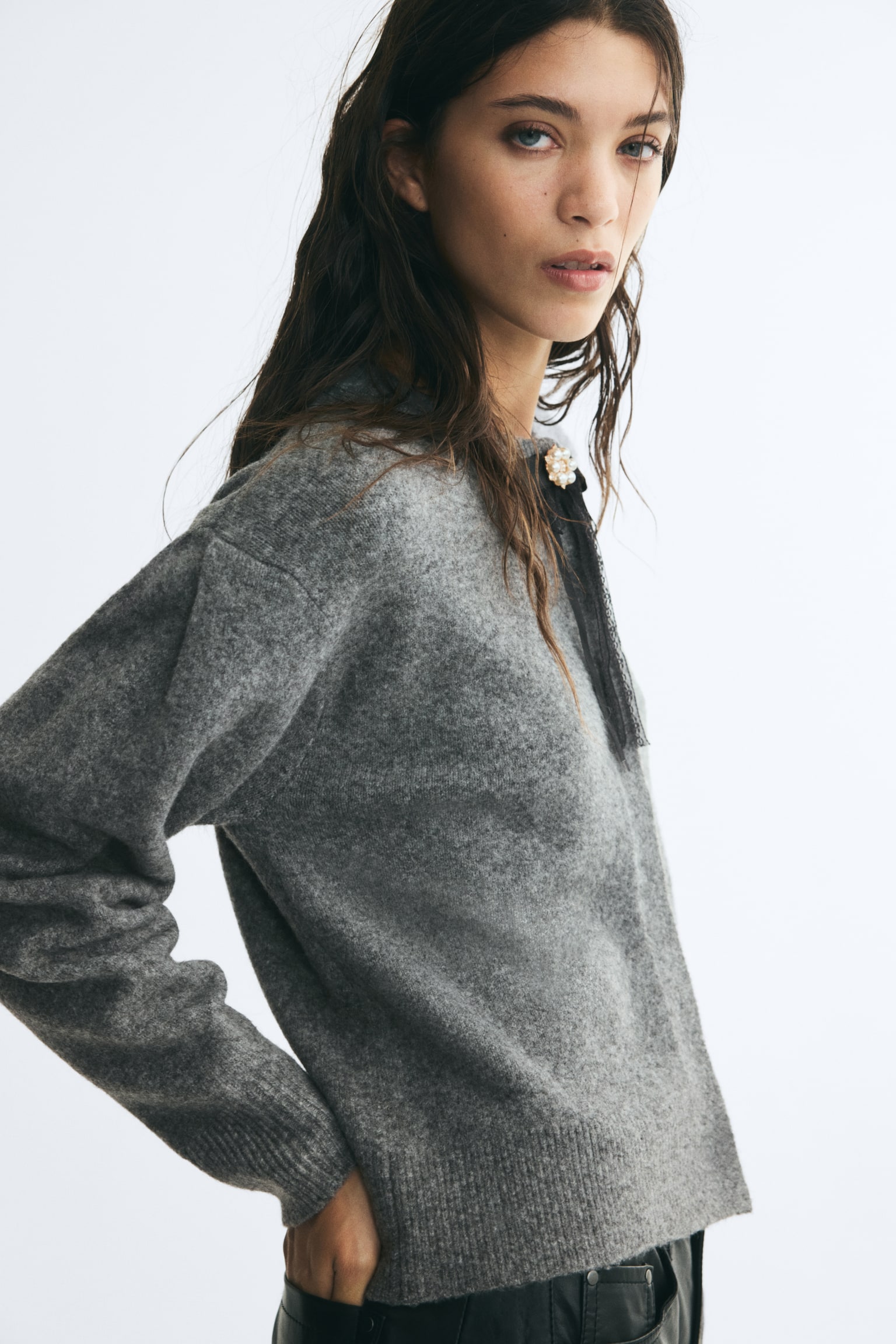 Женский кардиган H&M Bow-Detail Puff-Sleeved, цвет: Серый меланжевый — фото 5