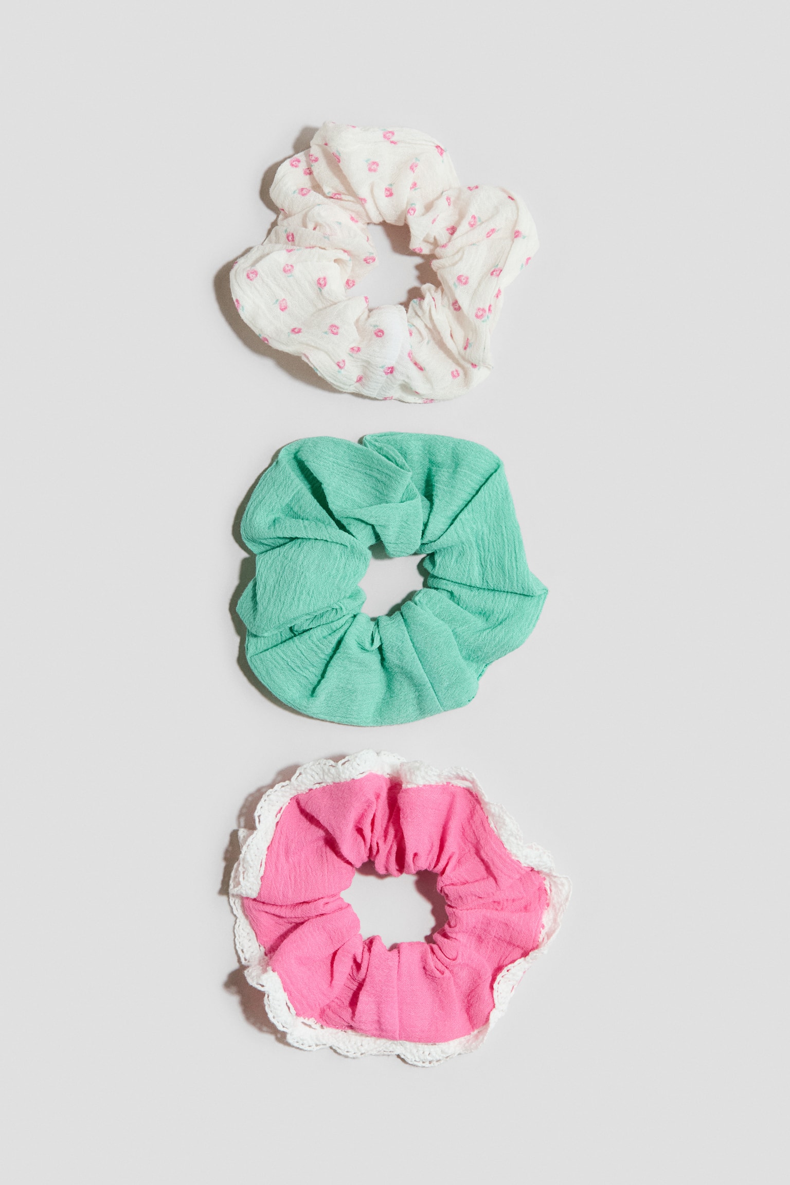 3-pack scrunchie i bomull - Rosa/Turkos/Crèmevit