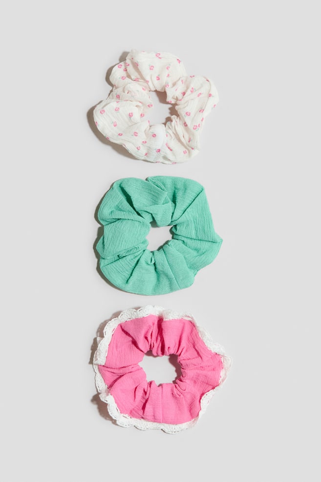 3-Pack Cotton Scrunchies - Pink/turquoise/cream - 1
