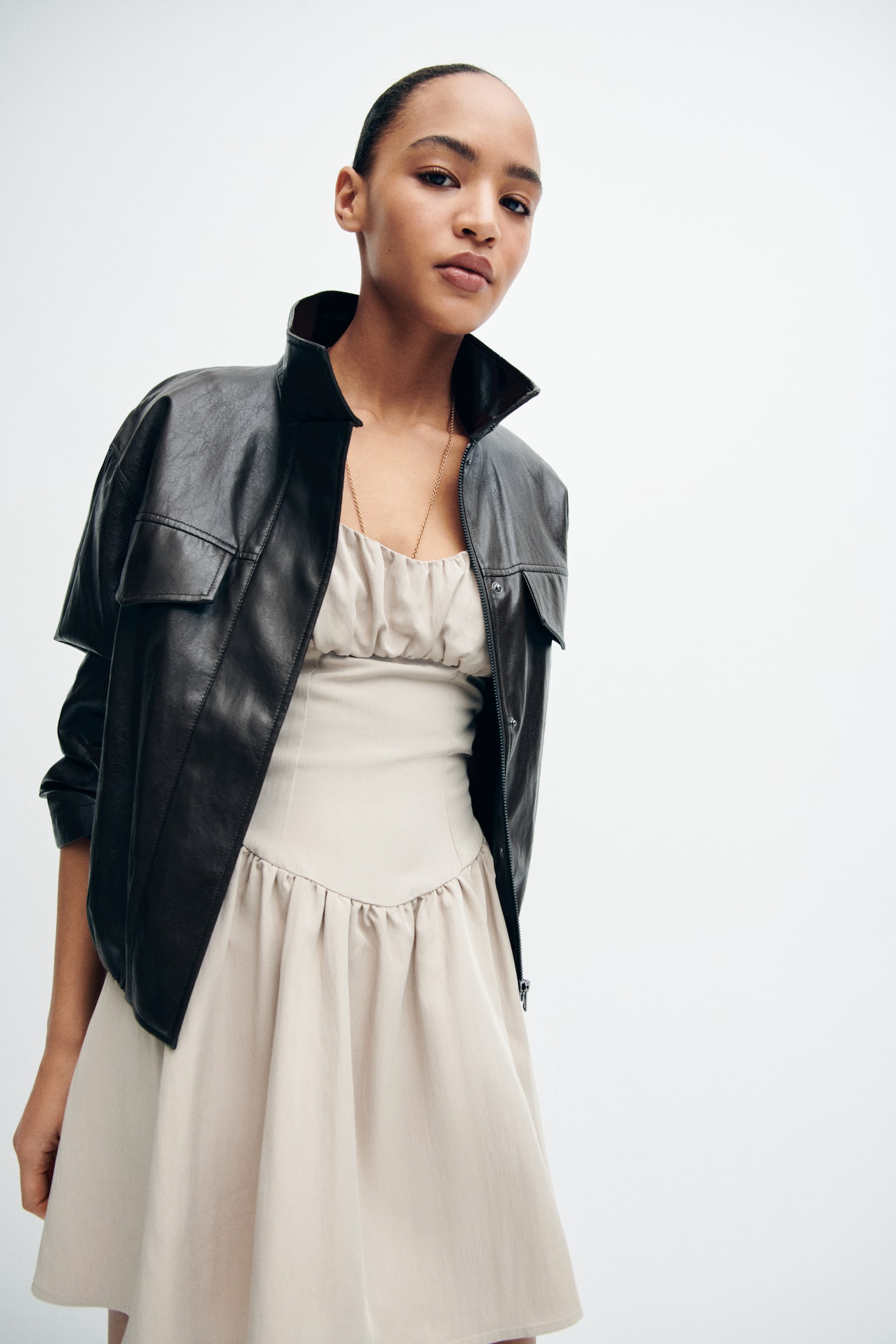 Gathered twill dress - Dusty mole/Black - 1